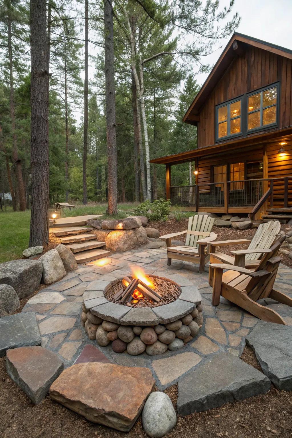 A campfire area fosters a welcoming communal space amidst your cabin landscape.