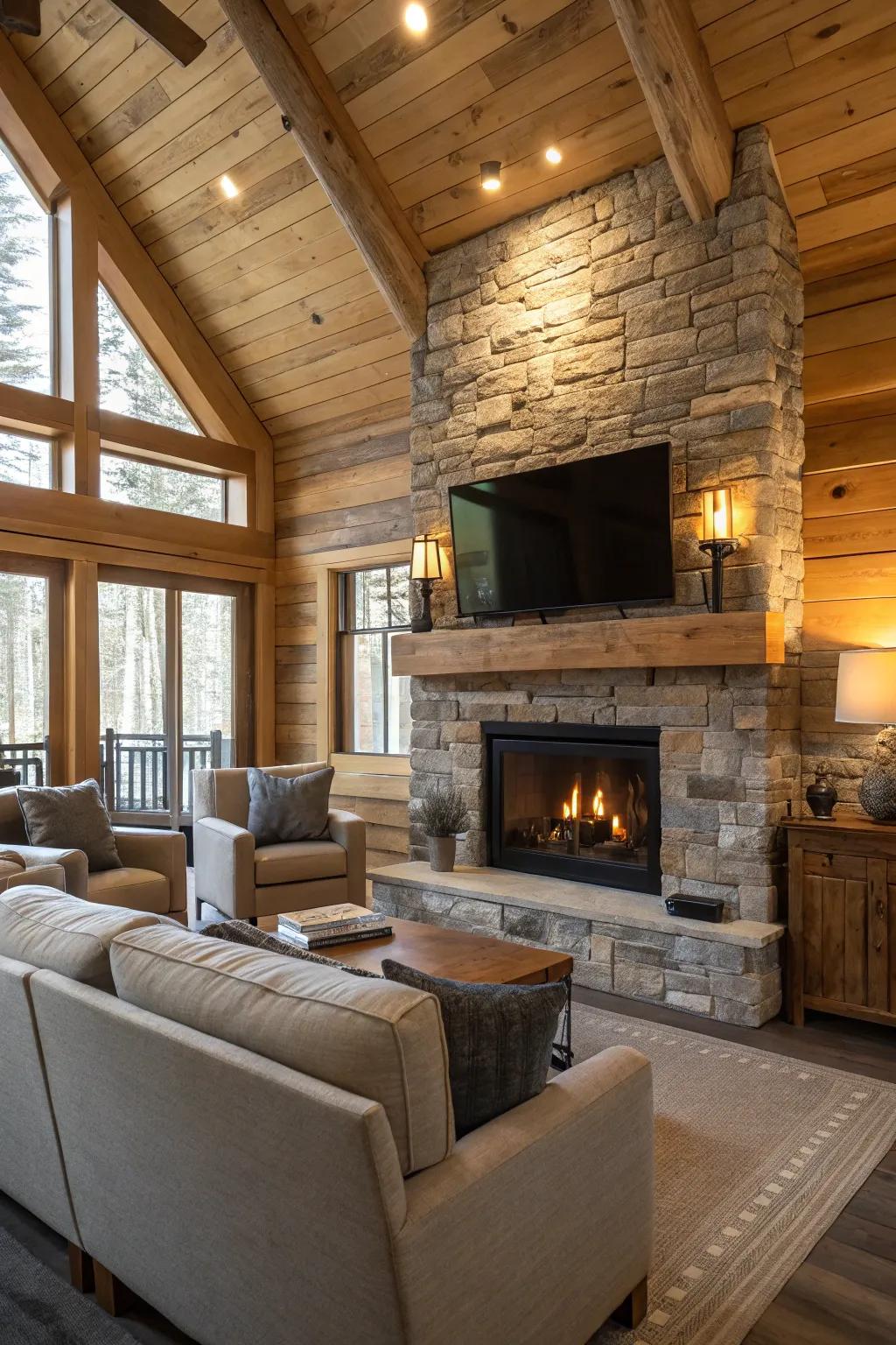 An ideal fusion of modern design and rustic coziness in a cabin's living space.