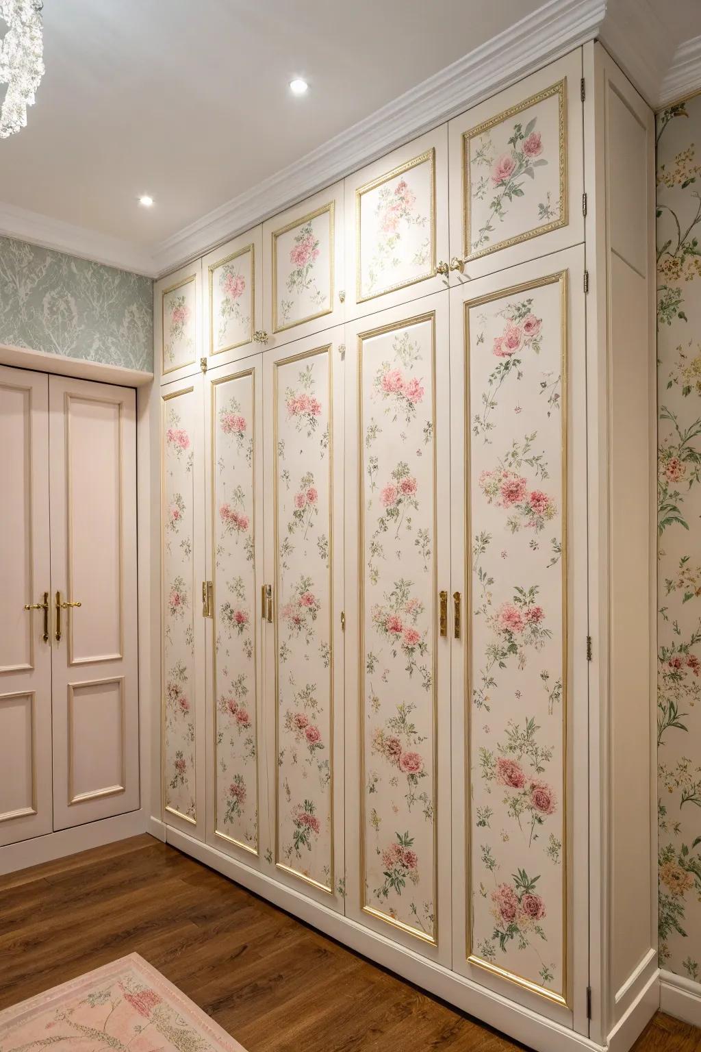 Botanical wallcovering introduces allure to these woodwork panels.