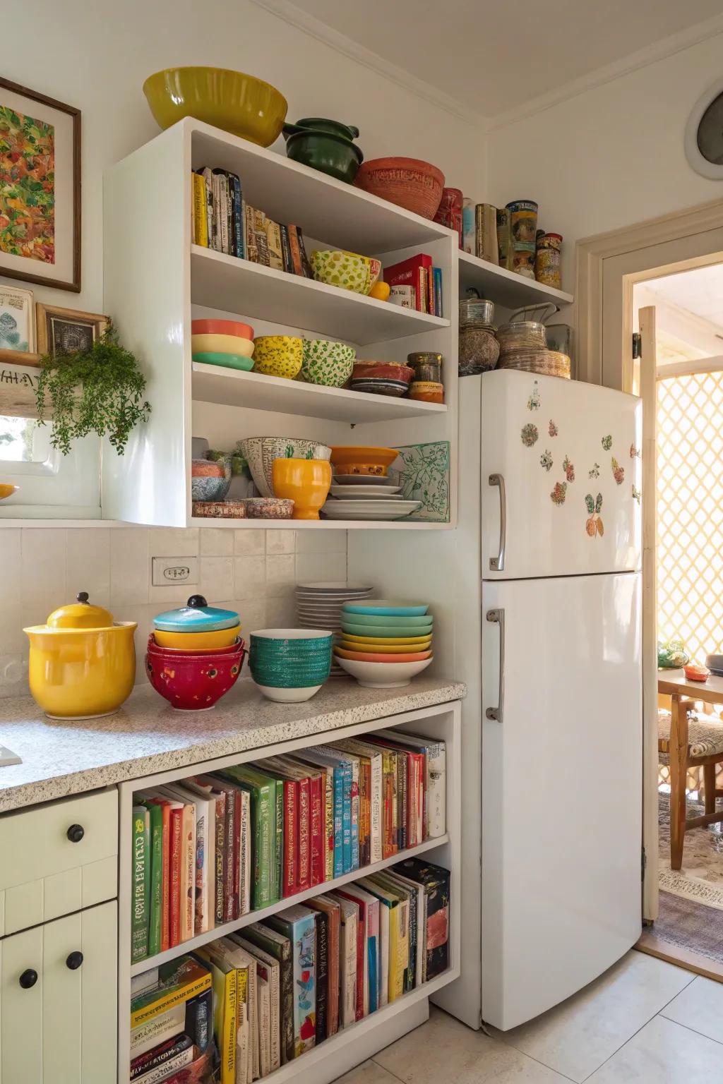 Exposed shelves offer opportunities for both practical storage and stylish displays.