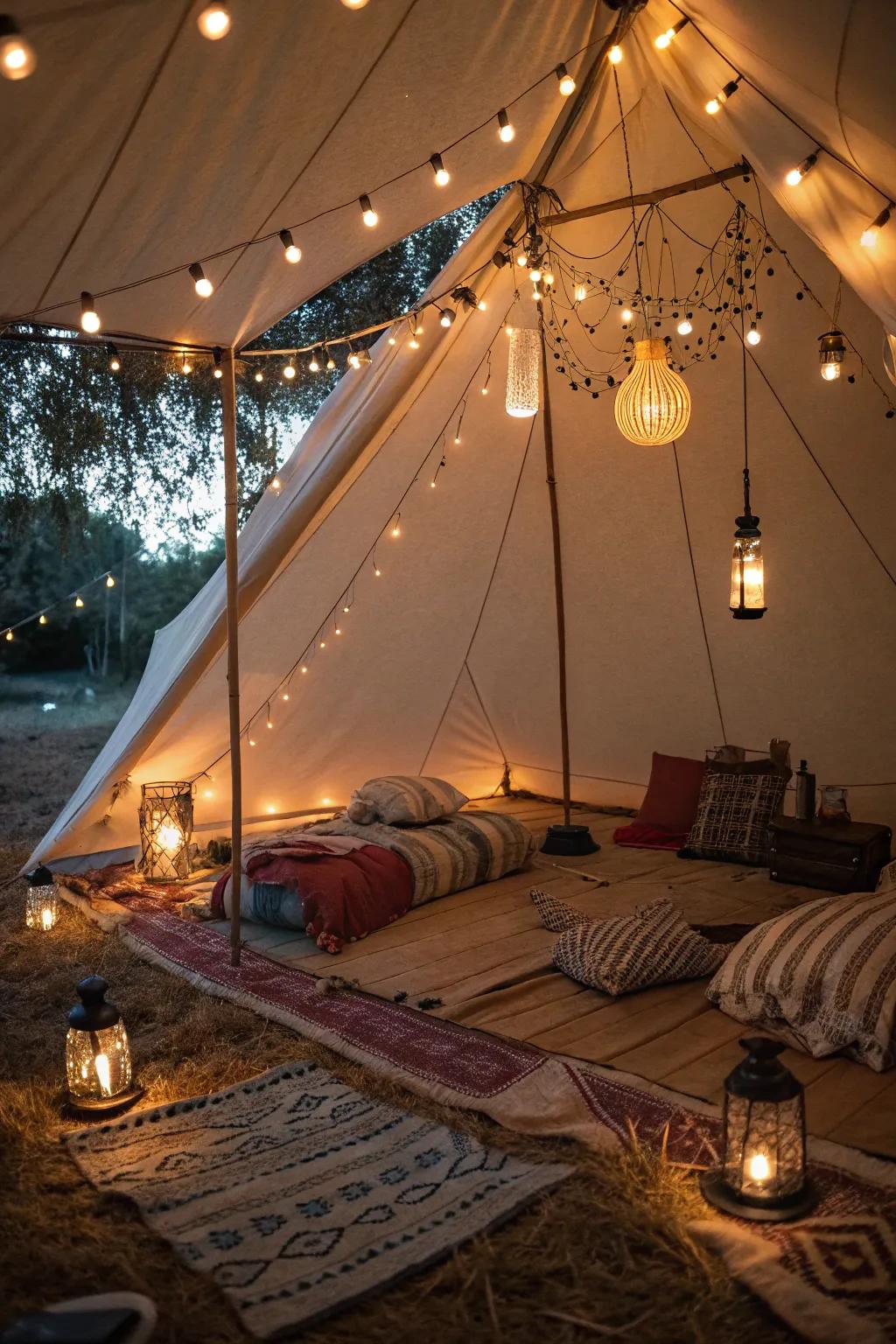 Employ atmospheric illumination to morph your tent into a comfy sanctuary.