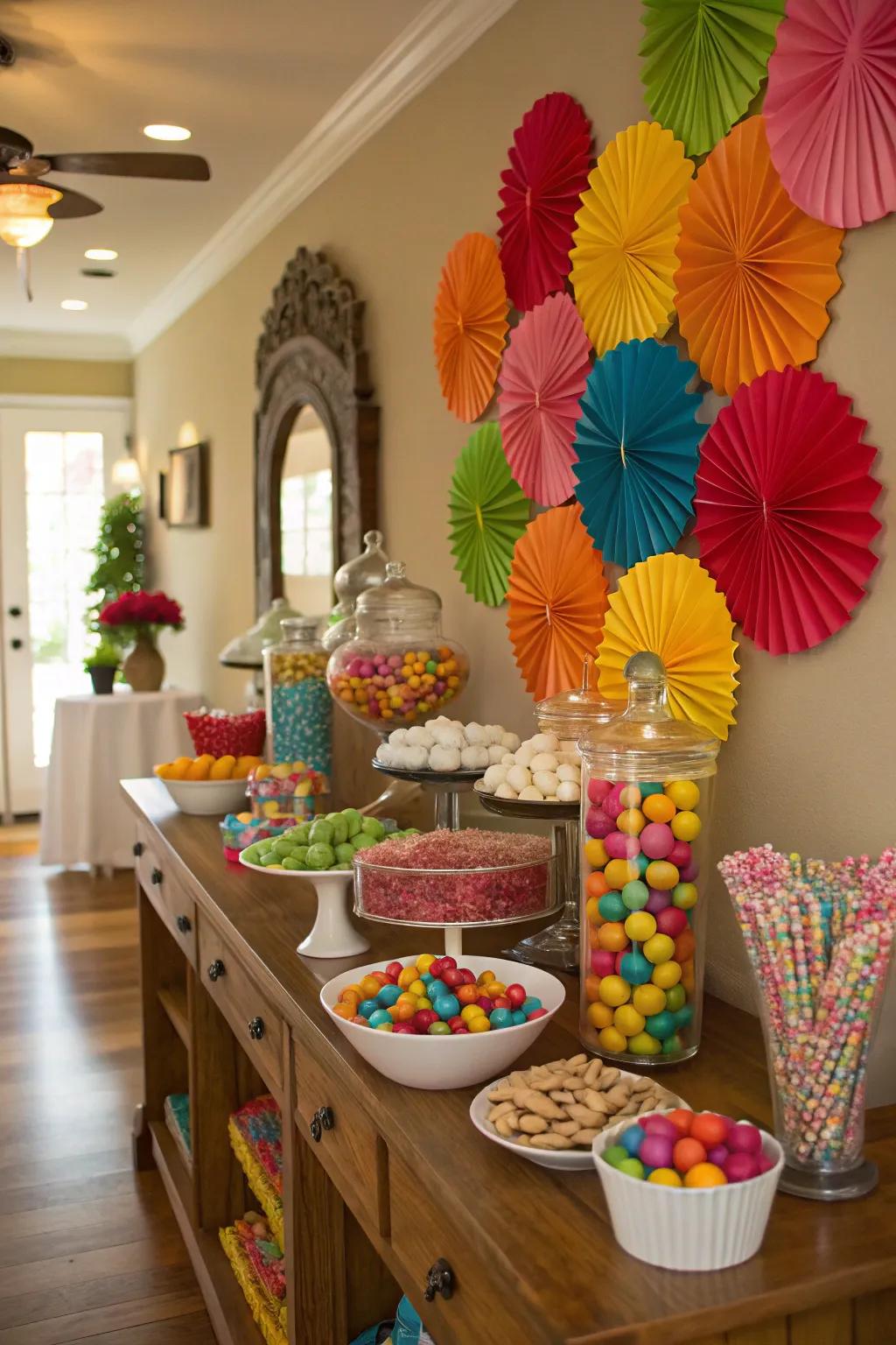 A lively handmade setting can amplify the allure of your candy buffet.