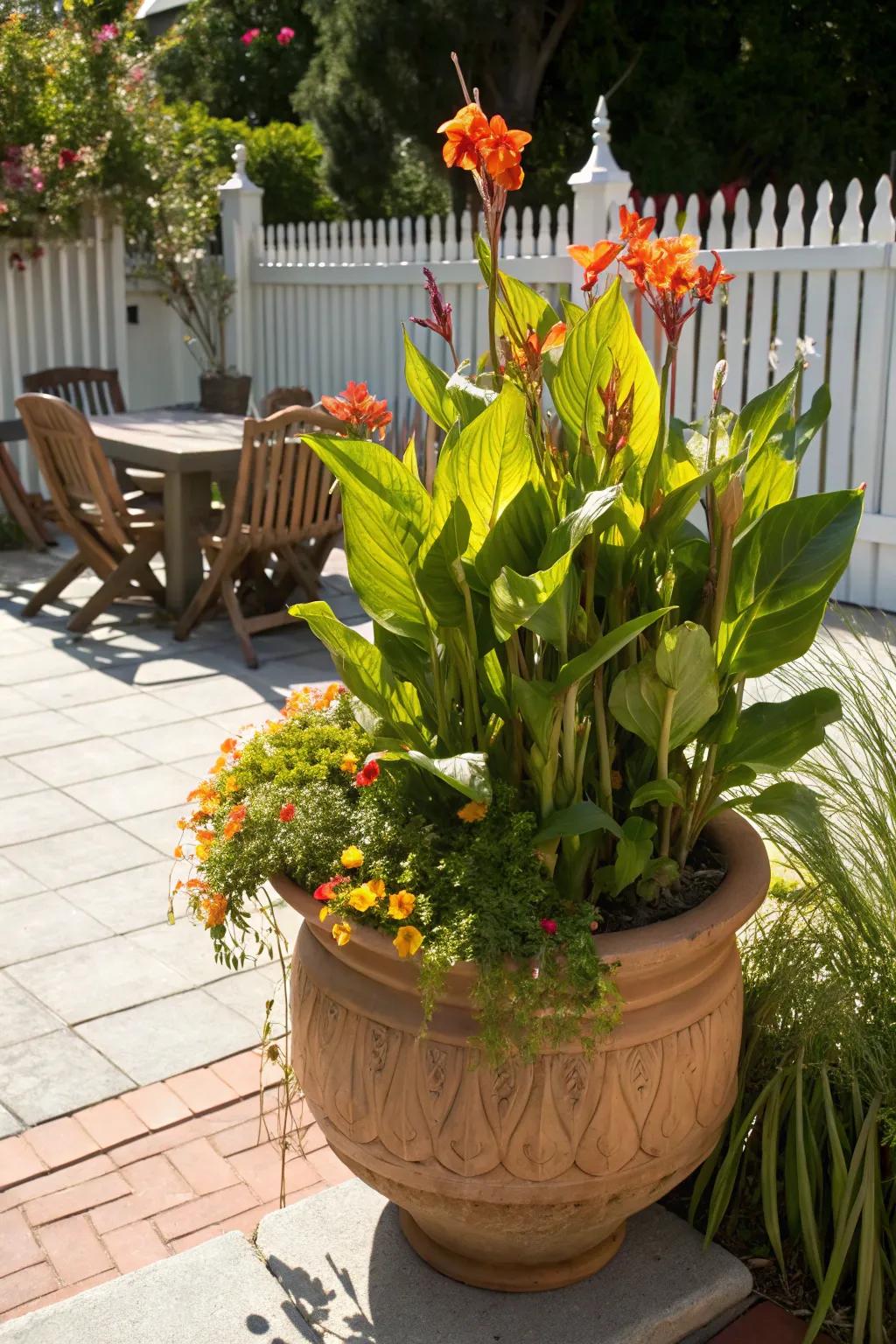 Blooming sticks flourish in large containers, perfect for decks.