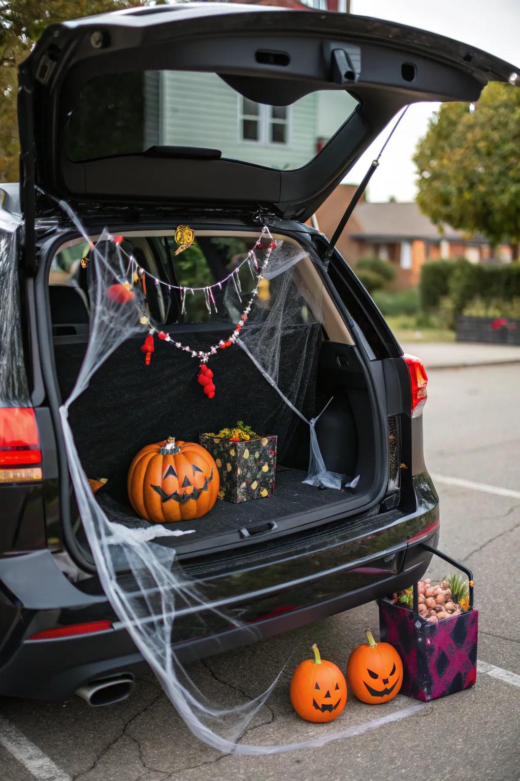 A trunk converted into a spooky Halloween landscape, ideal for trunk or treat.
