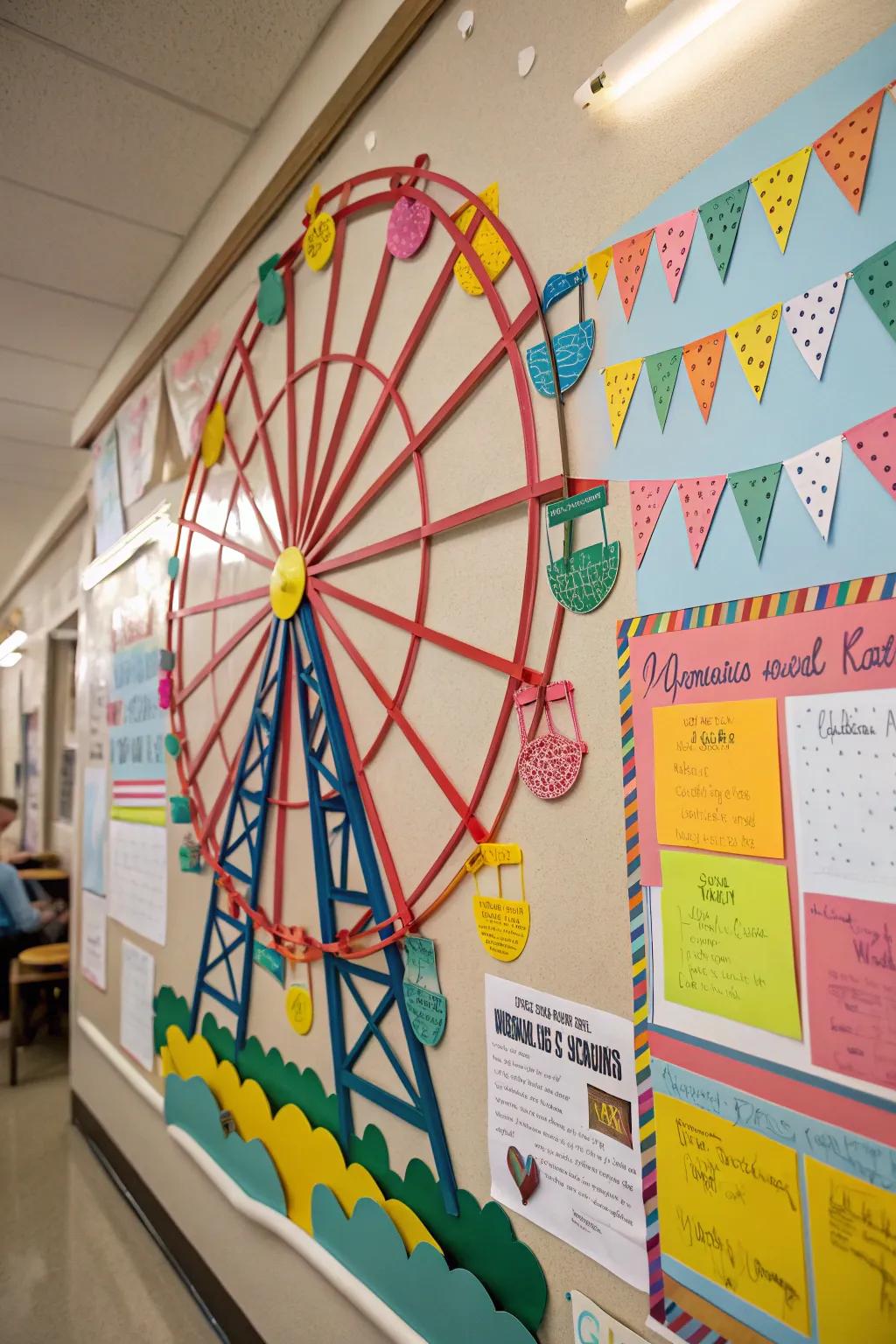 A playful observation wheel includes a fun trace to this fair-themed display panel.