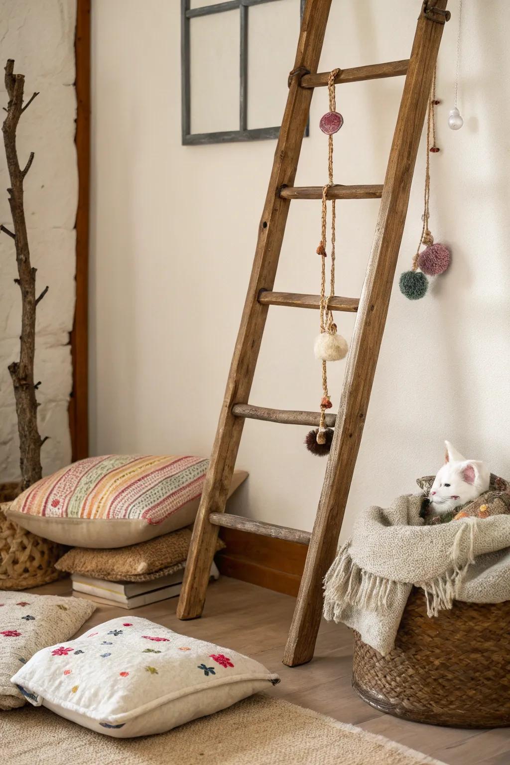 An upcycled ladder transforms into a comfy and entertaining cat hangout.