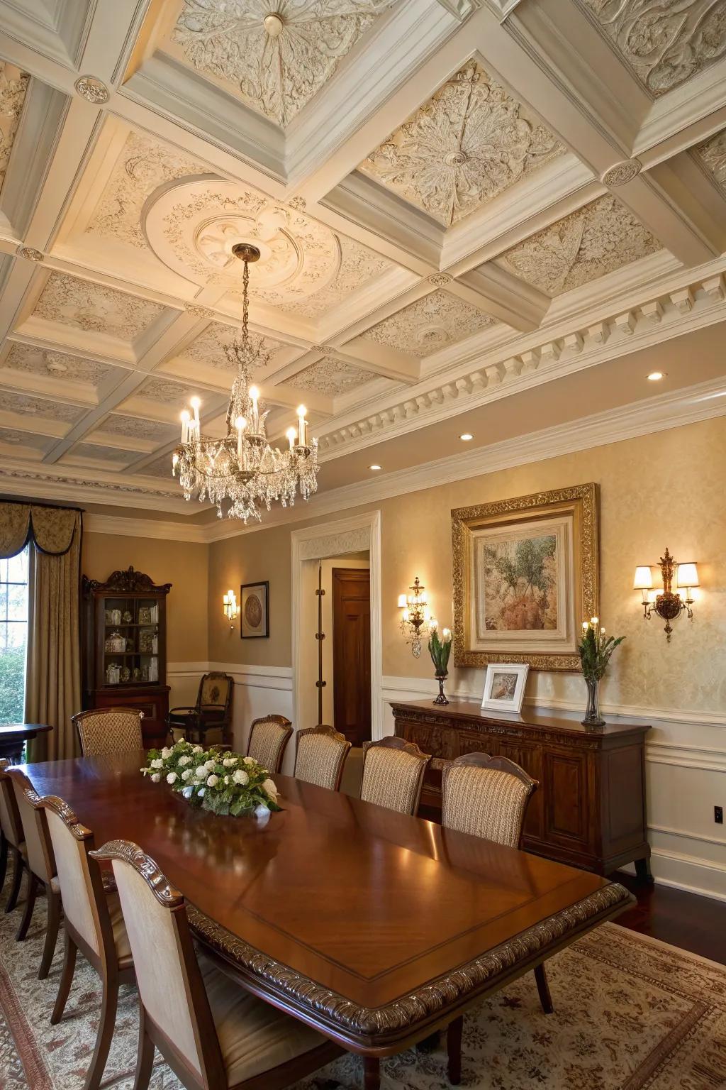 Any eating space gains a touch of class from coffered ceilings.