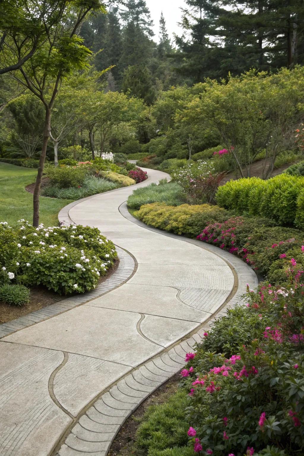 Curved stone tile path that lends a cheerful aspect to garden paths.