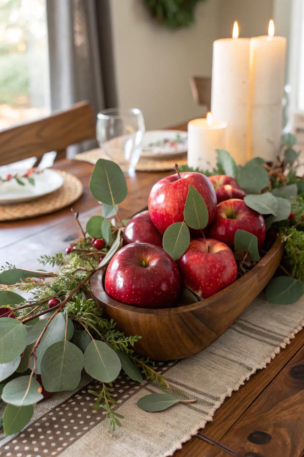 Greenery and fruit come together to make a fresh, homespun centerpiece.