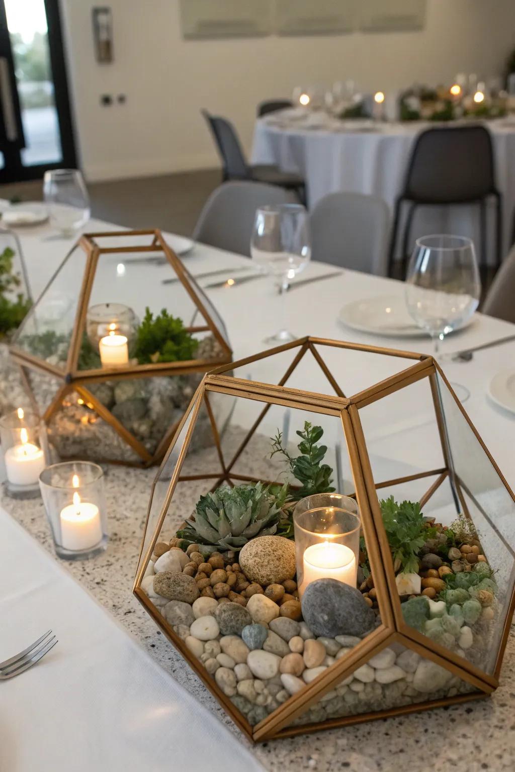 Angular plant displays provide a contemporary, elegant substitute for traditional flowers.