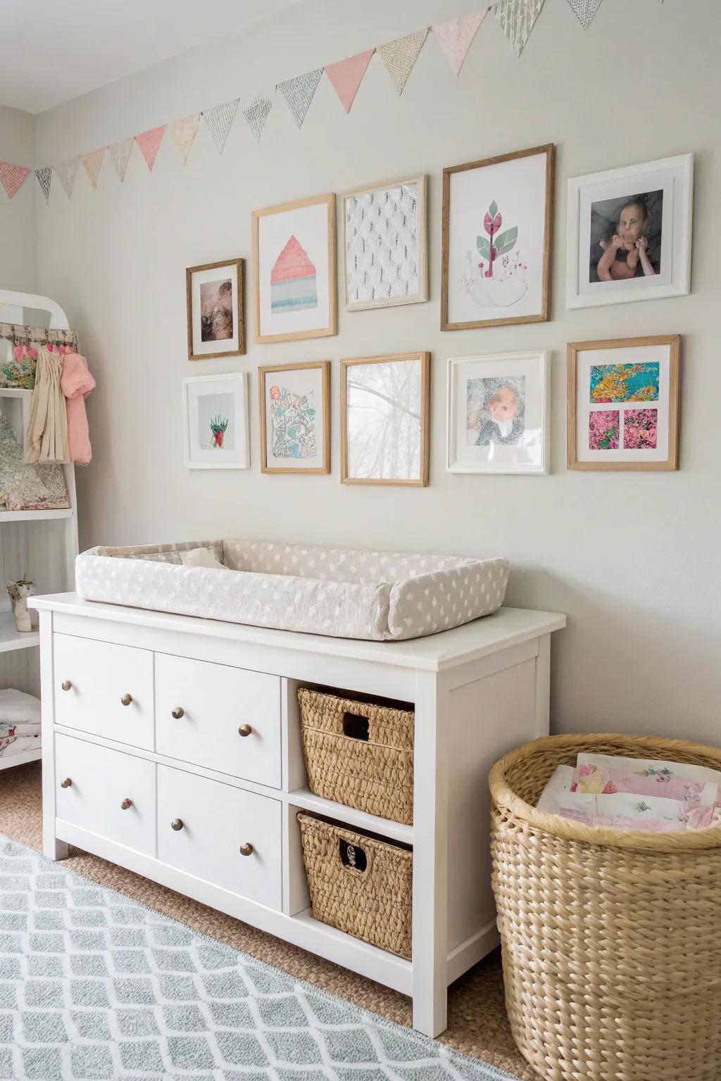 A compact artistic layout gives a personal element above the changing table.