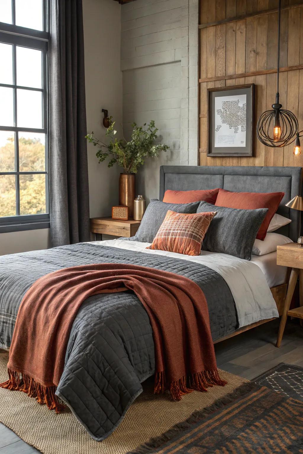 Establish a snug environment with layers of ash-toned fabrics.