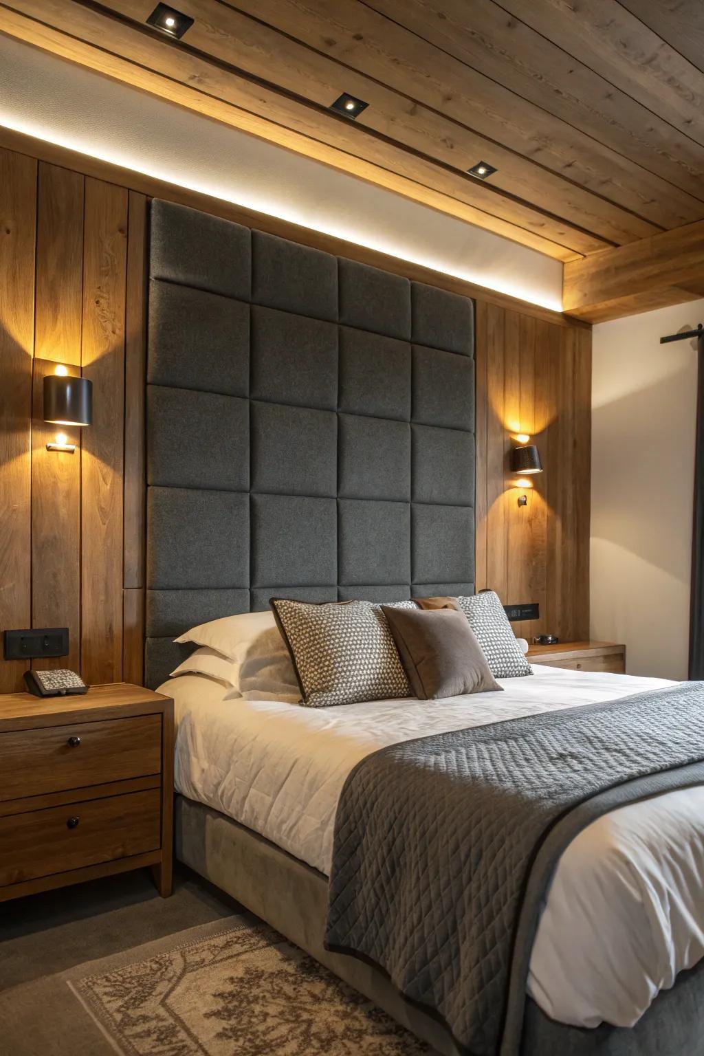Warm wooden accents complement the cool tones of a dark grey headboard.
