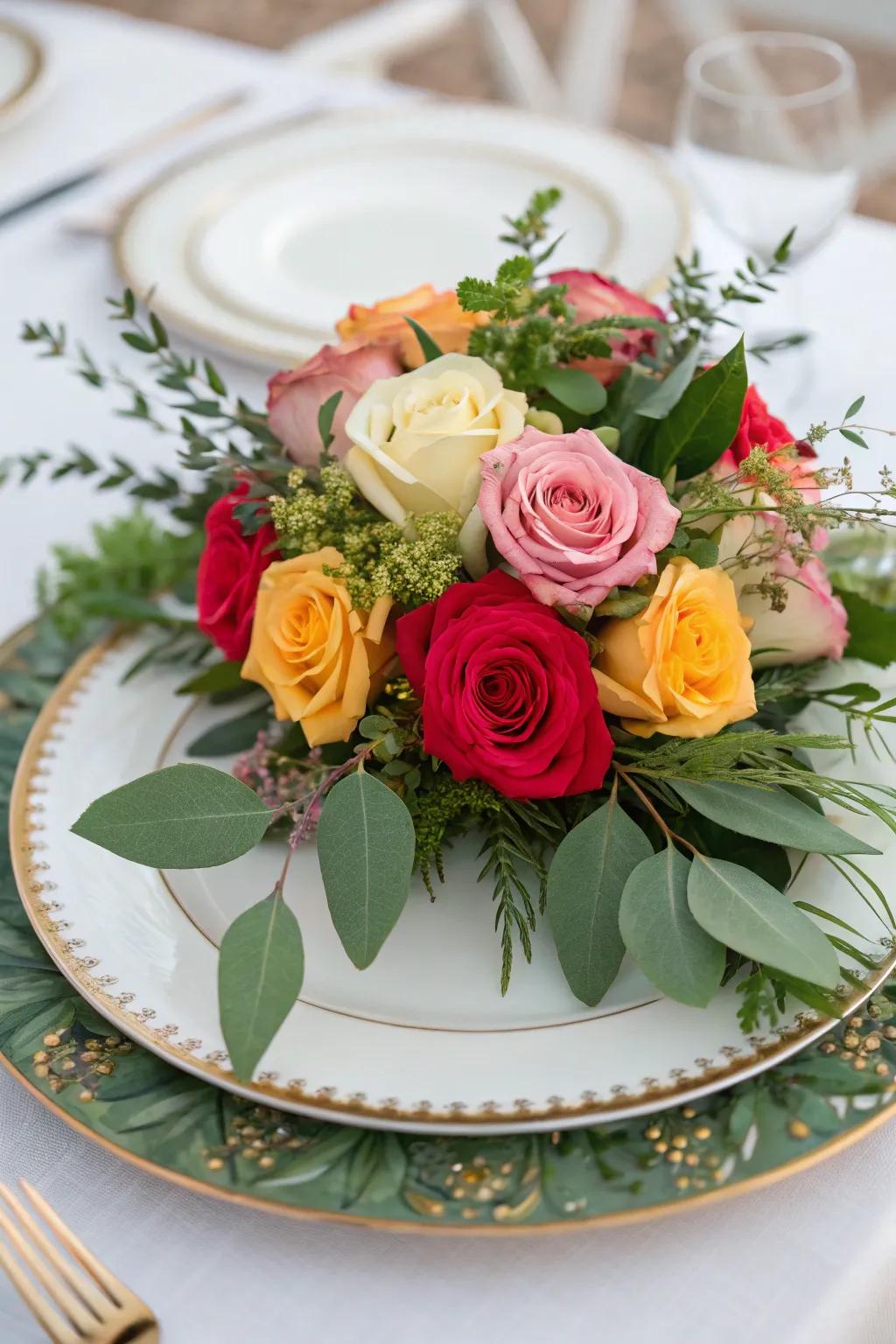 Welcome the outdoors in with a floral focal point arranged on a charger plate.