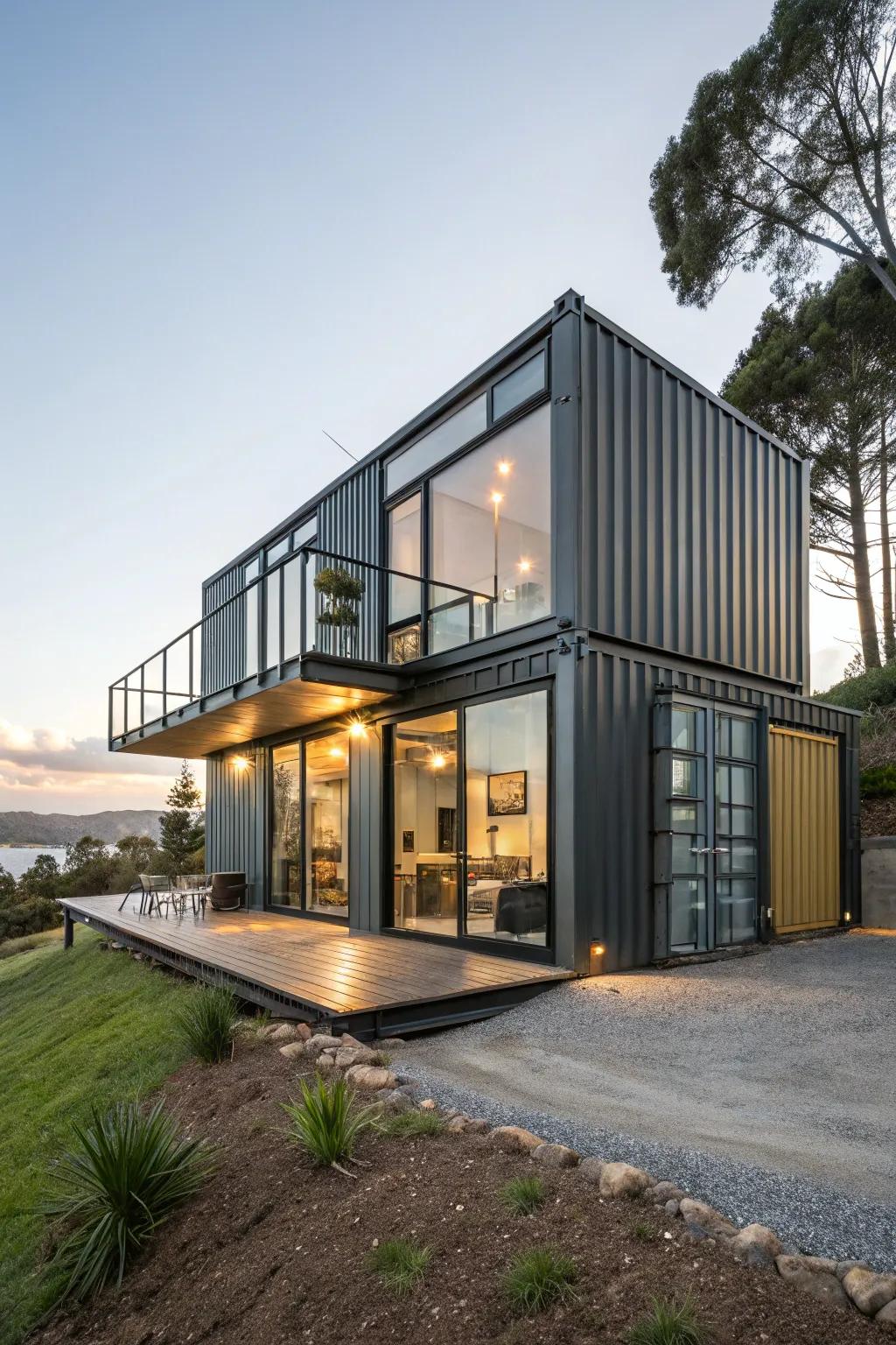 A sophisticated repurposed cargo unit home featuring a modern industrial style.