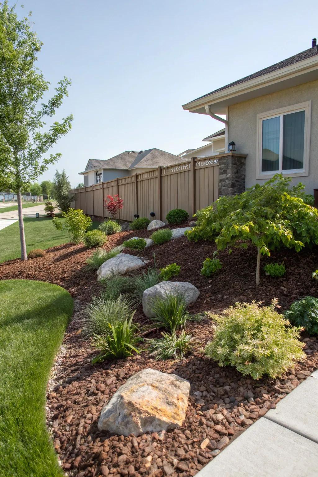 Wood chips and stones deliver a natural, simple-to-maintain scenery.