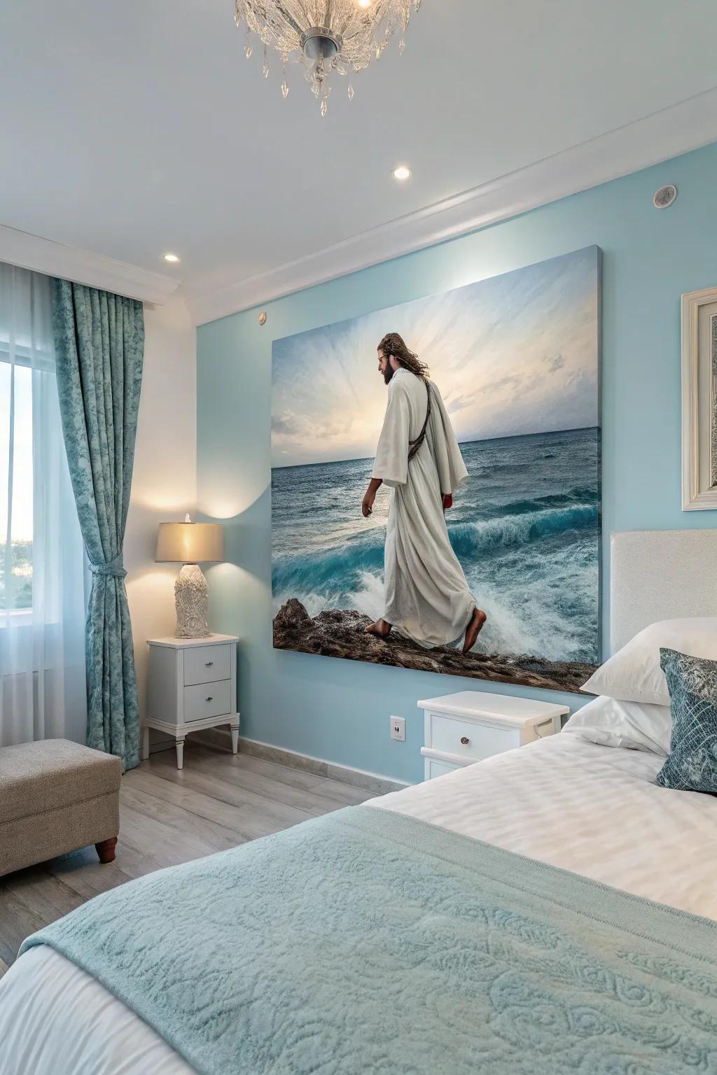 A calming image of The Savior Above the Sea is perfect for a tranquil bedroom.