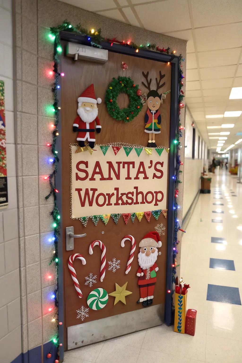 Father Christmas's workshop springs to life upon this celebratory school entryway.