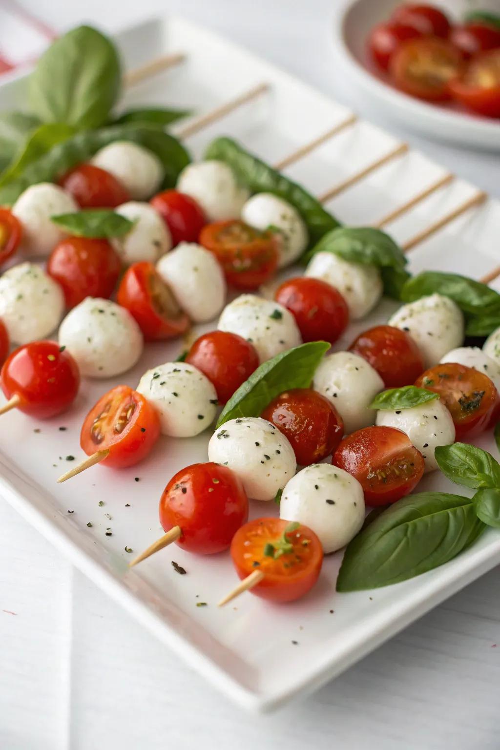 Caprese sticks infuse vibrant hues into your Christmas Eve festivities.