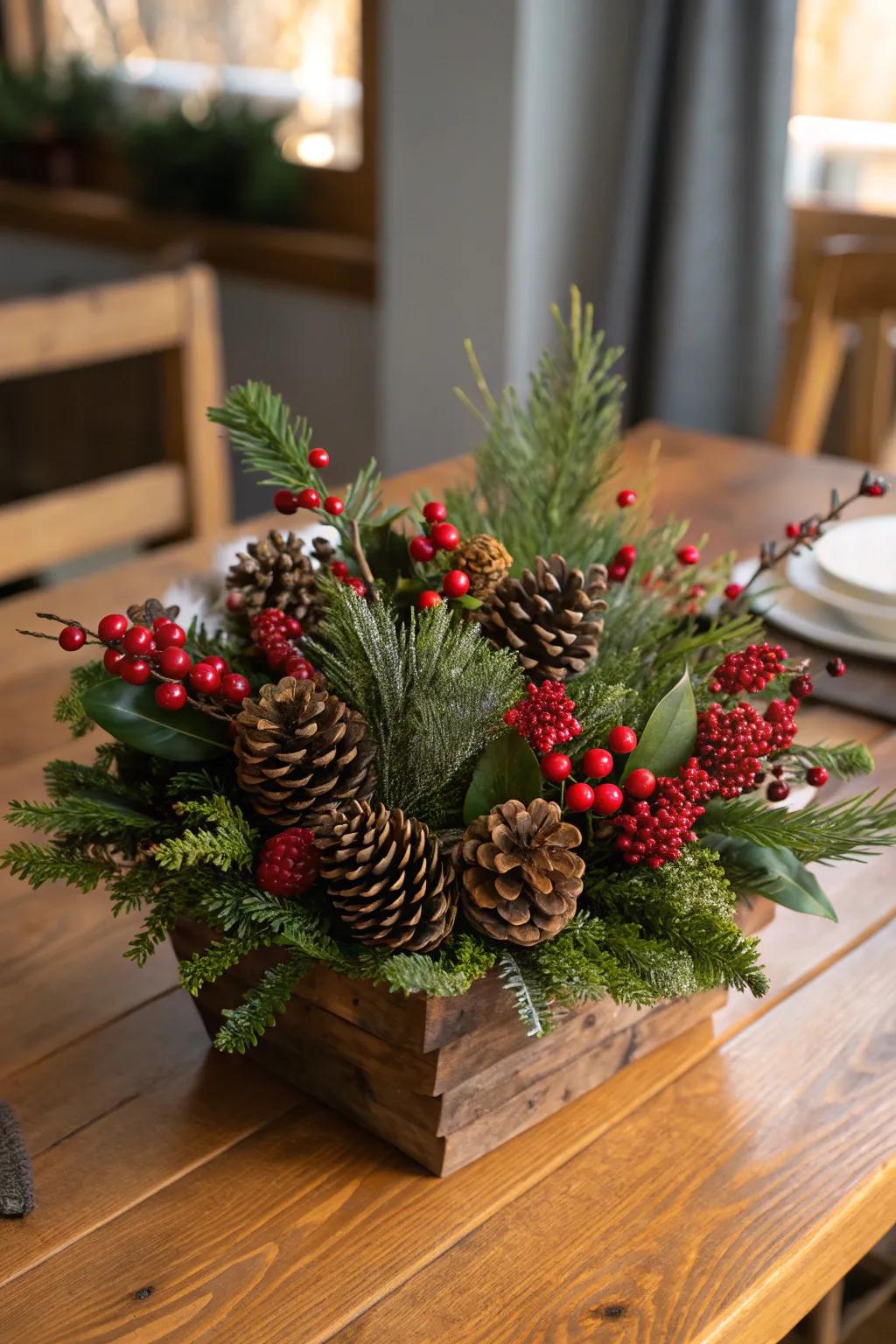 Countryside appeal with pine cones and berries.