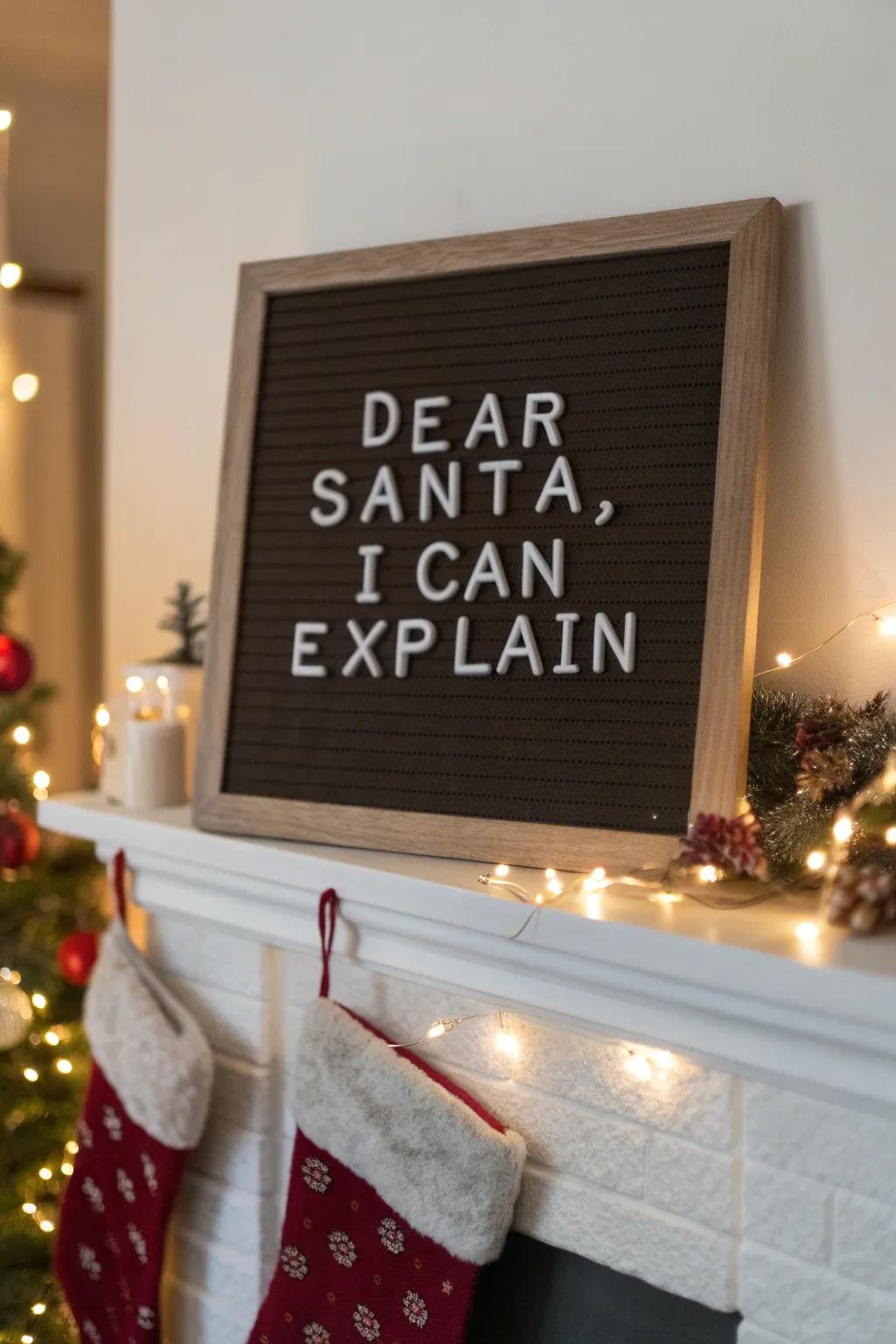 A light-hearted message display about having to explain yourself to Father Christmas, perfect for adding a touch of humor.