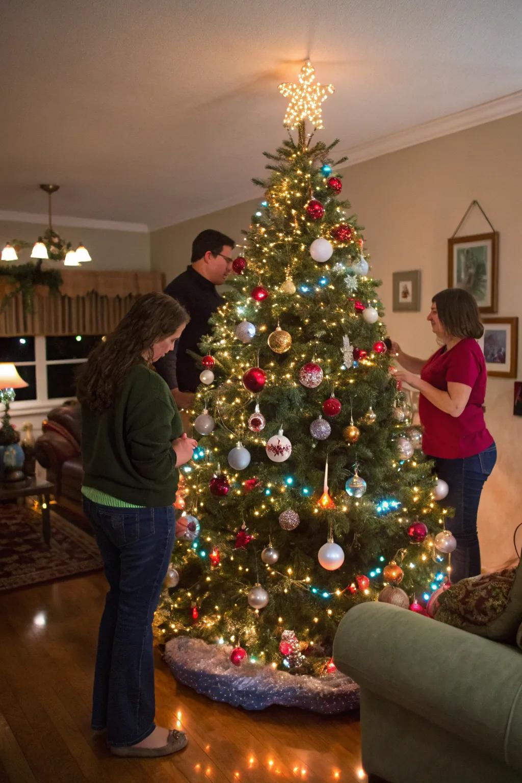 Attendees guessing the quantity of baubles on a celebratory evergreen.