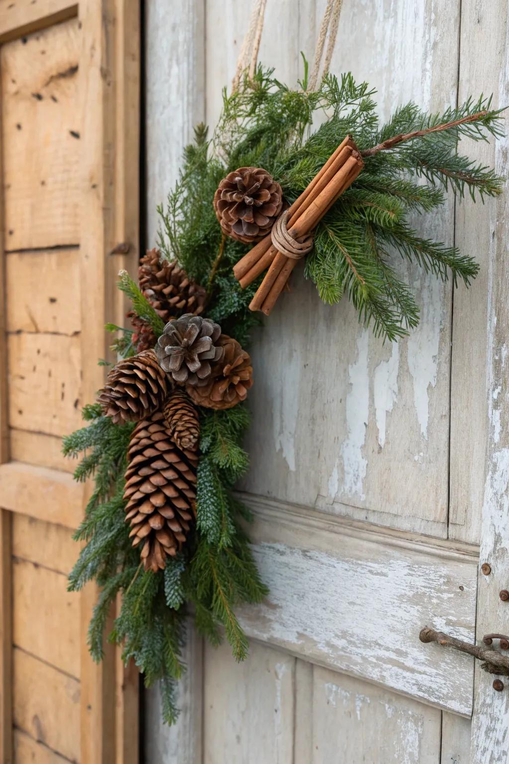 Rustic allure featuring fir cones and spice sticks.