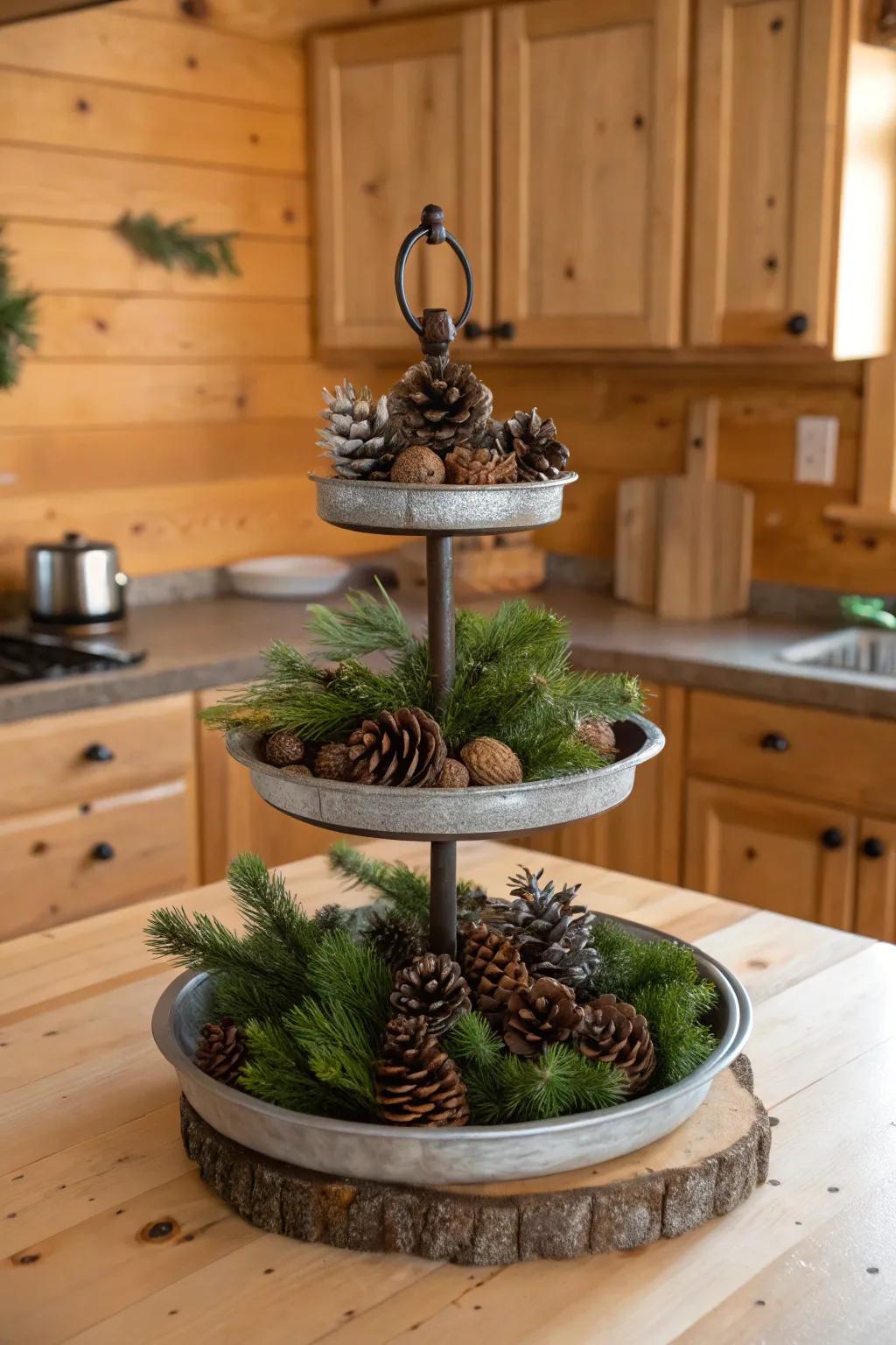 Earthy sophistication using evergreen cones and greenery atop a multi-level display.