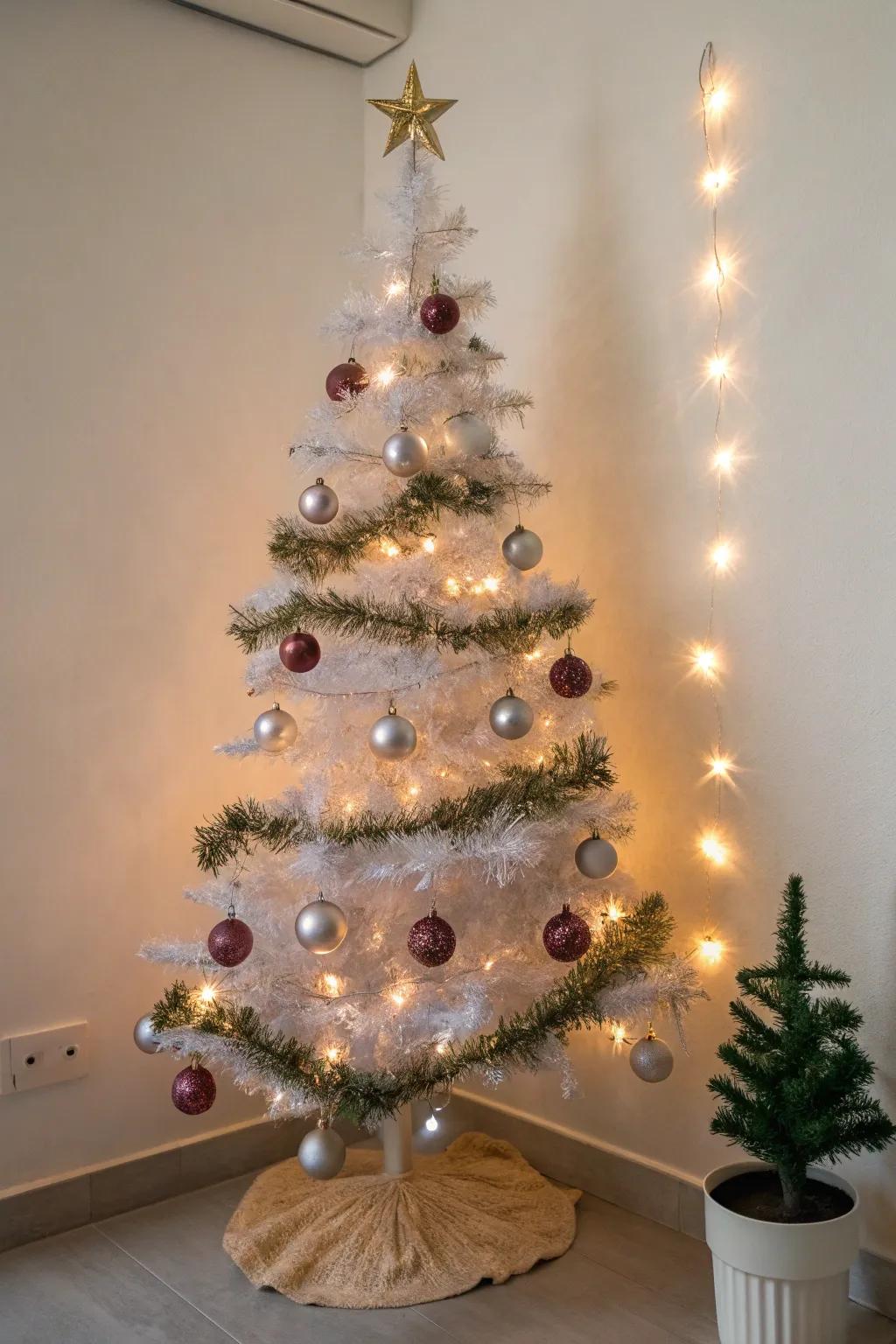 An imaginative wall-affixed sparkle ribbon Christmas tree that injects festive charm into confined spaces.