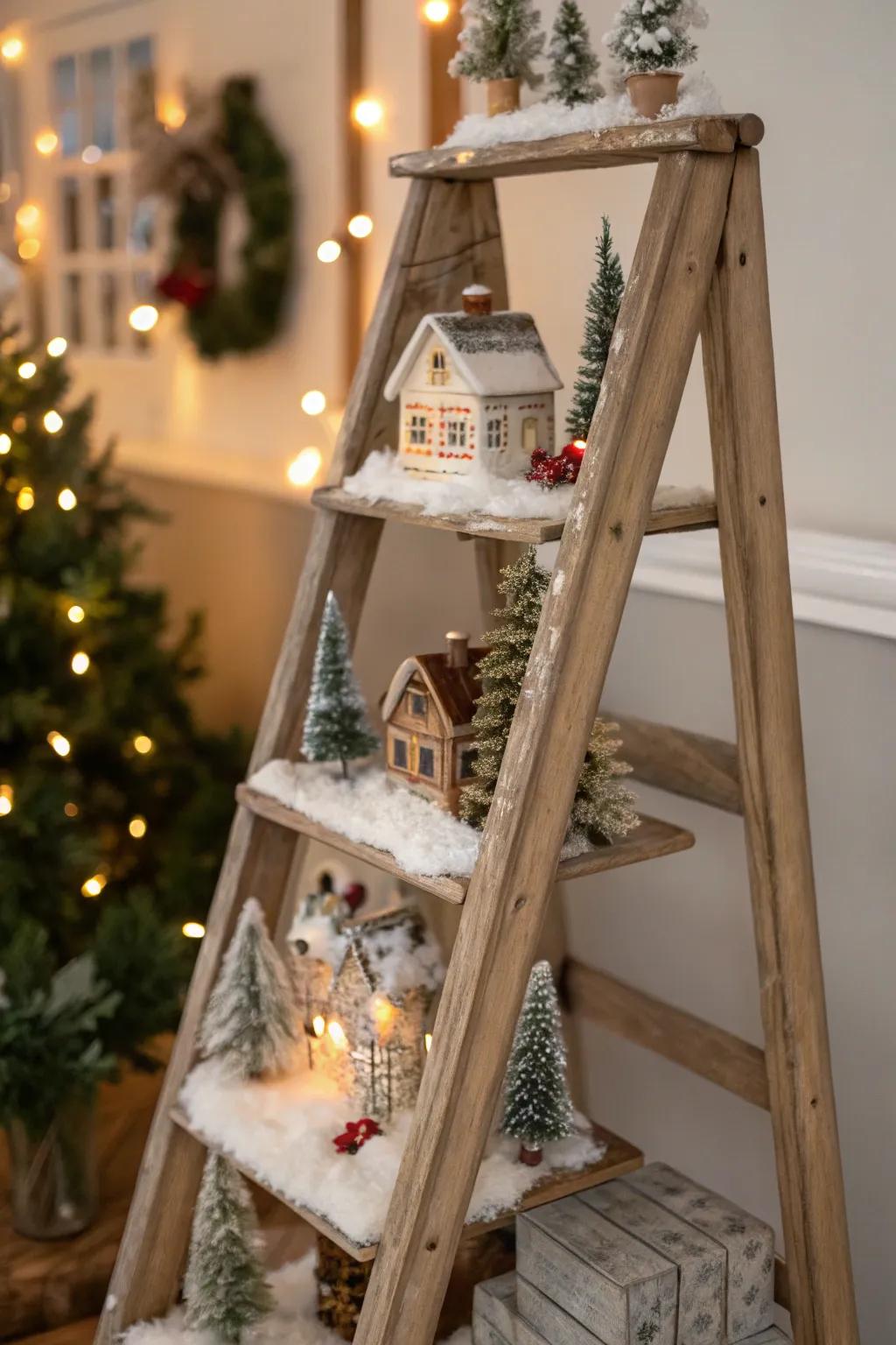 An antique ladder is reimagined into a lovely and rustic Christmas village exhibit.