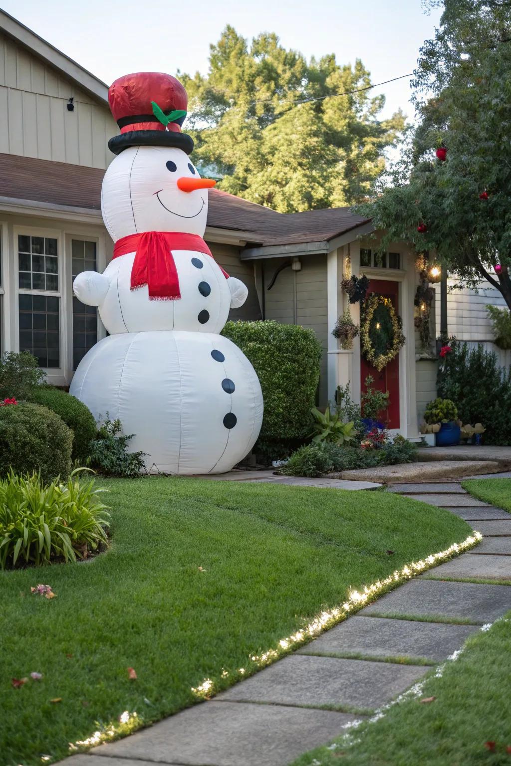 A cheerful air-filled frosty standing in a residential garden.