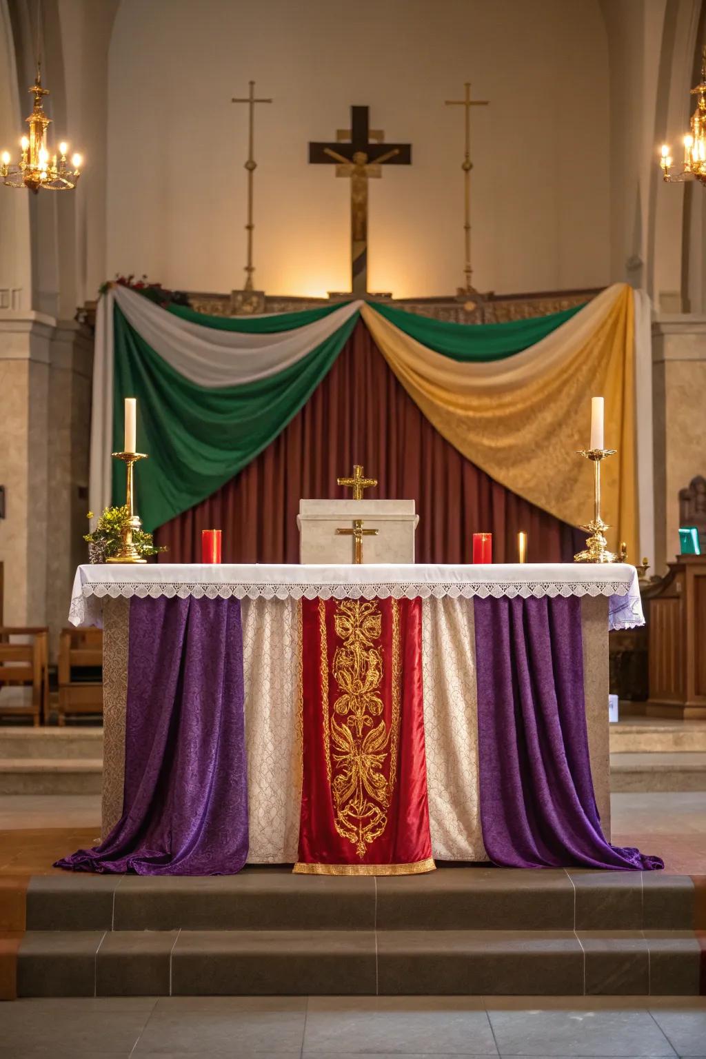 An altar exquisitely accentuated by gracefully hung textile in holy hues.