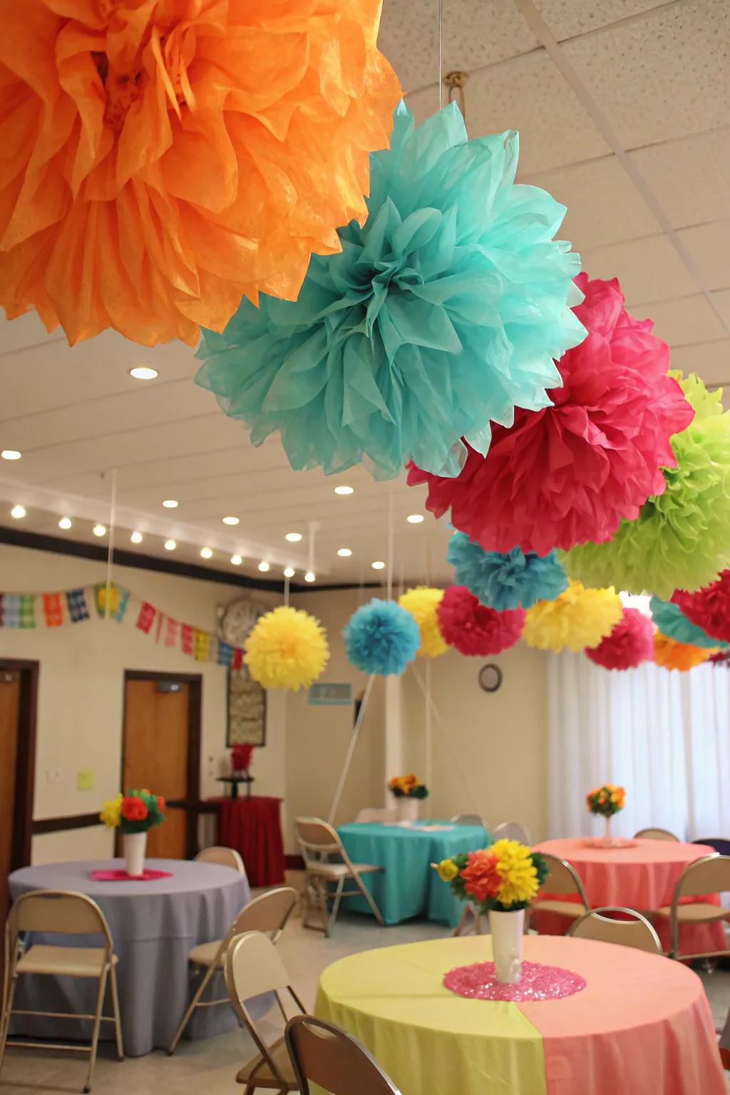 Enormous delicate paper flowers bring vibrant shades to your Cinco de Mayo decorations.