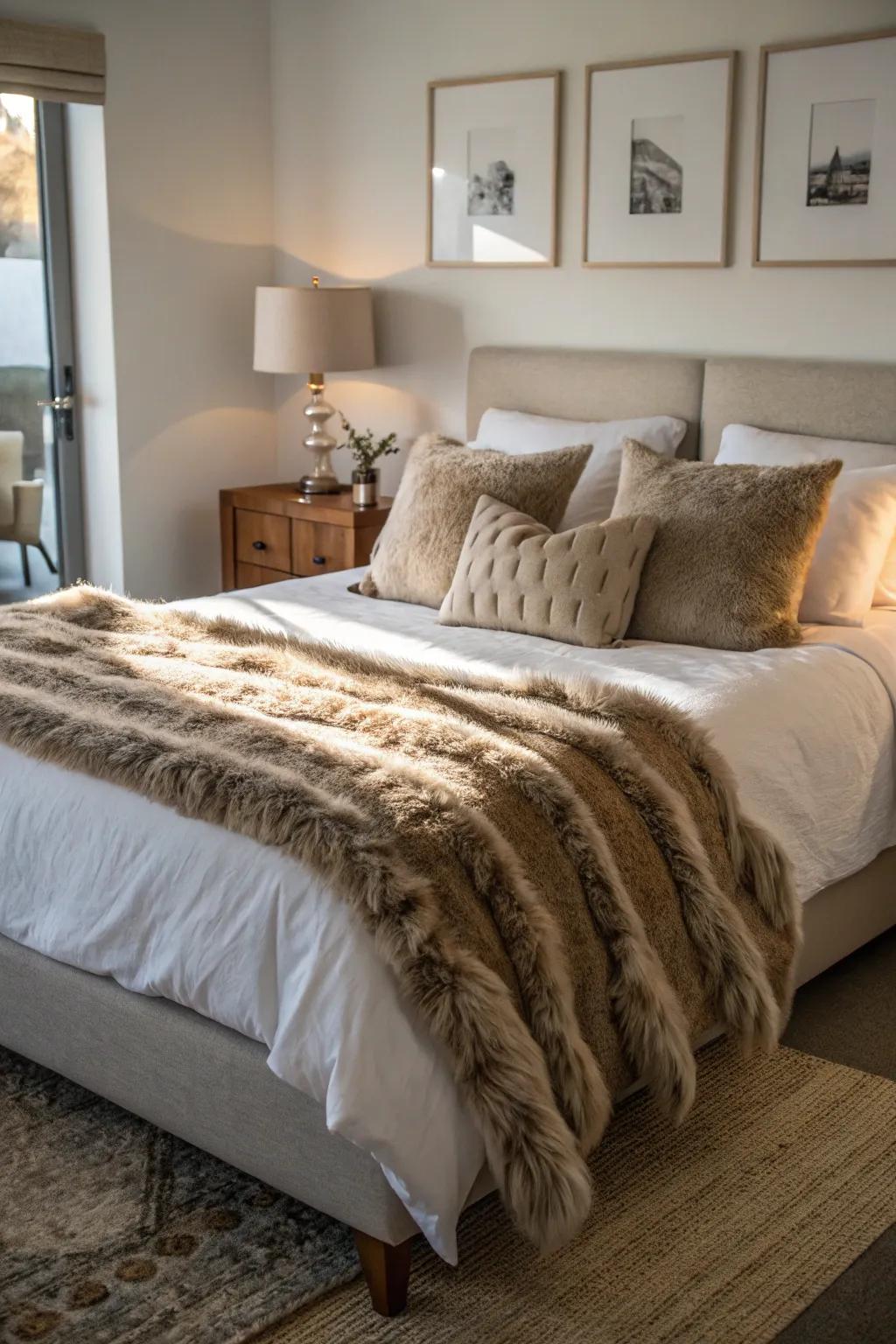 Luxurious textures enhance the comfort and warmth in the bedroom.