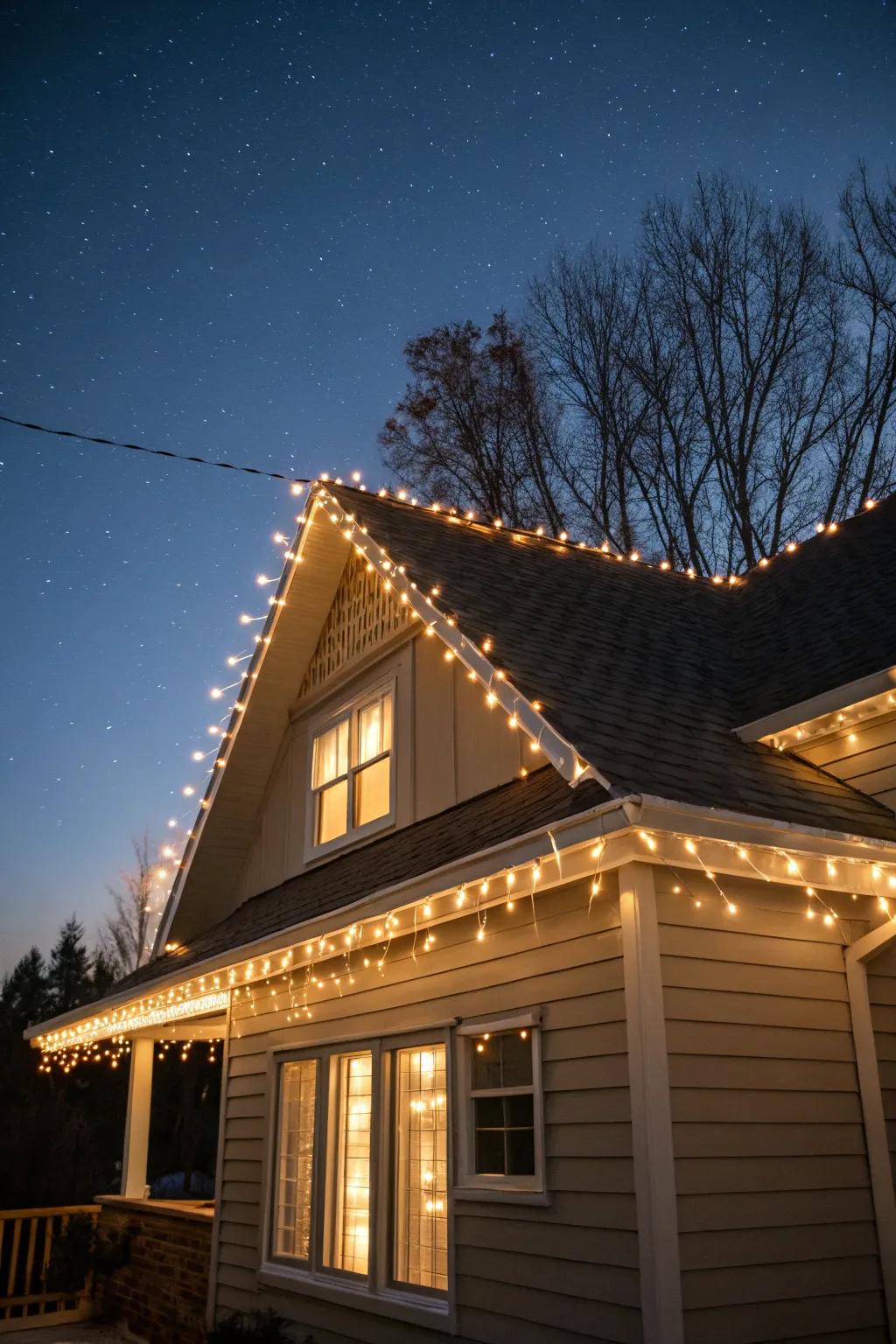 A home's roof tastefully accentuated with fairy lights.