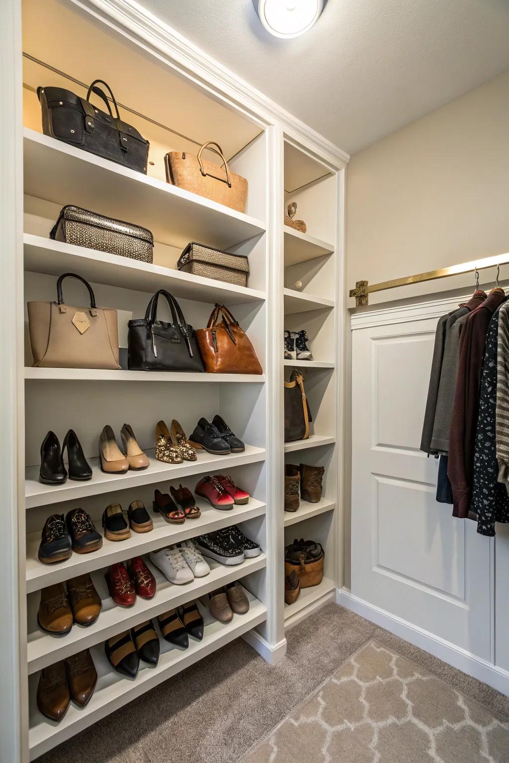 Spanning shelves convert corners into zones for elegant displays.