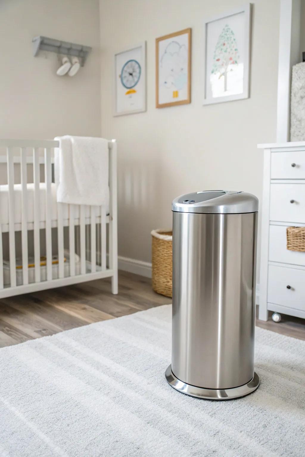 A stainless alloy linen container imparts an element of contemporary elegance to a minimalist nursery.