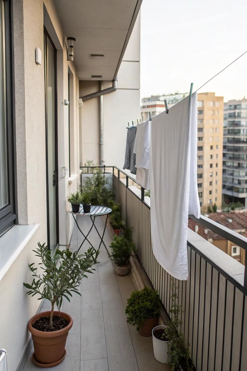 A space-efficient wall-mounted clothesline on a fashionable balcony.