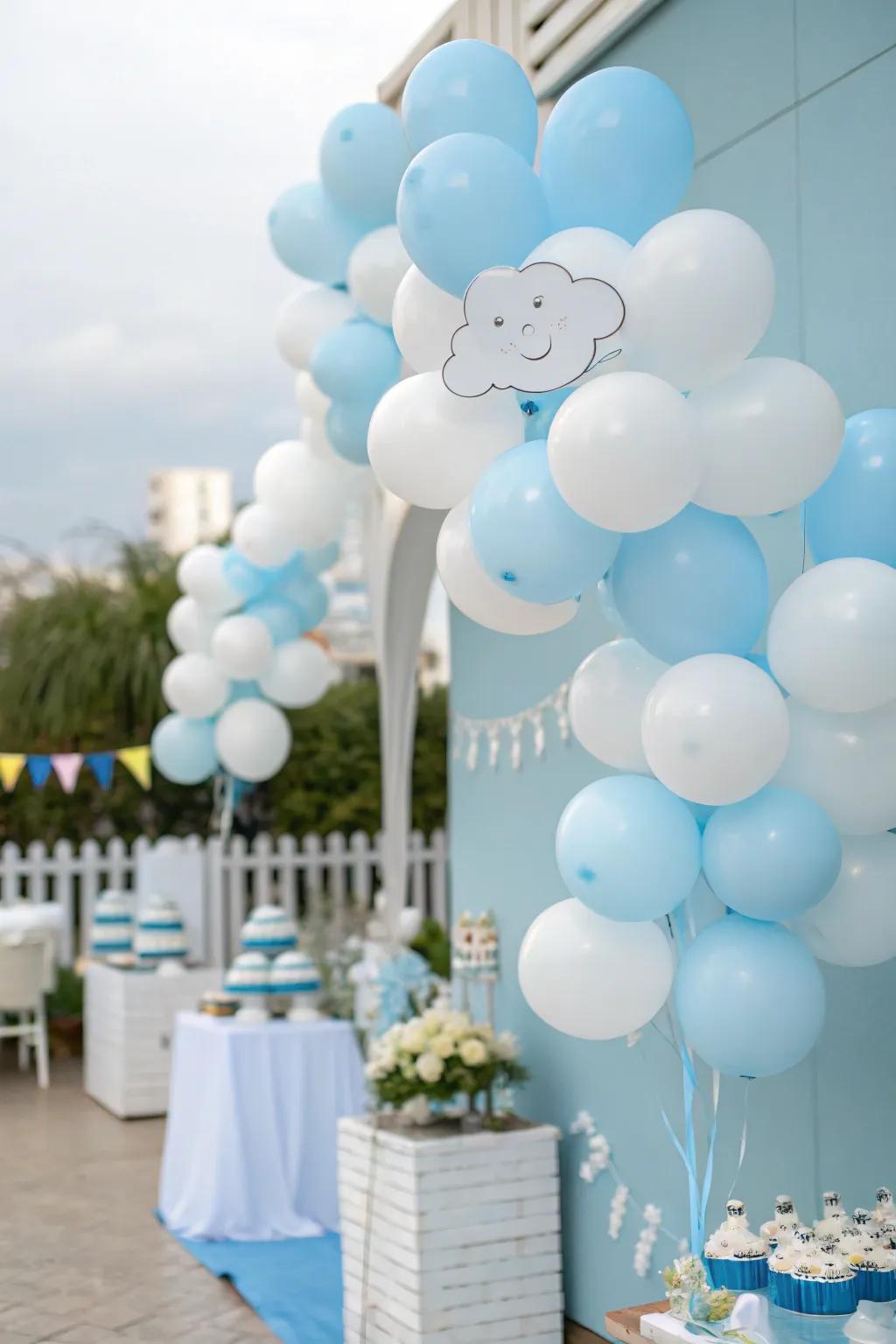 Balloon bunches generate a cloud-like impression, lending a whimsical element to the baby shower decorations.