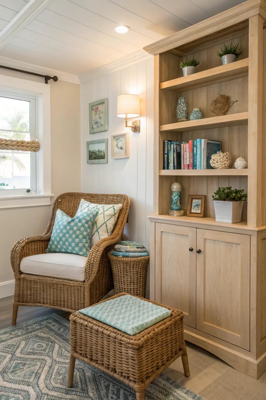 A cozy nook featuring natural materials like wicker and wood.