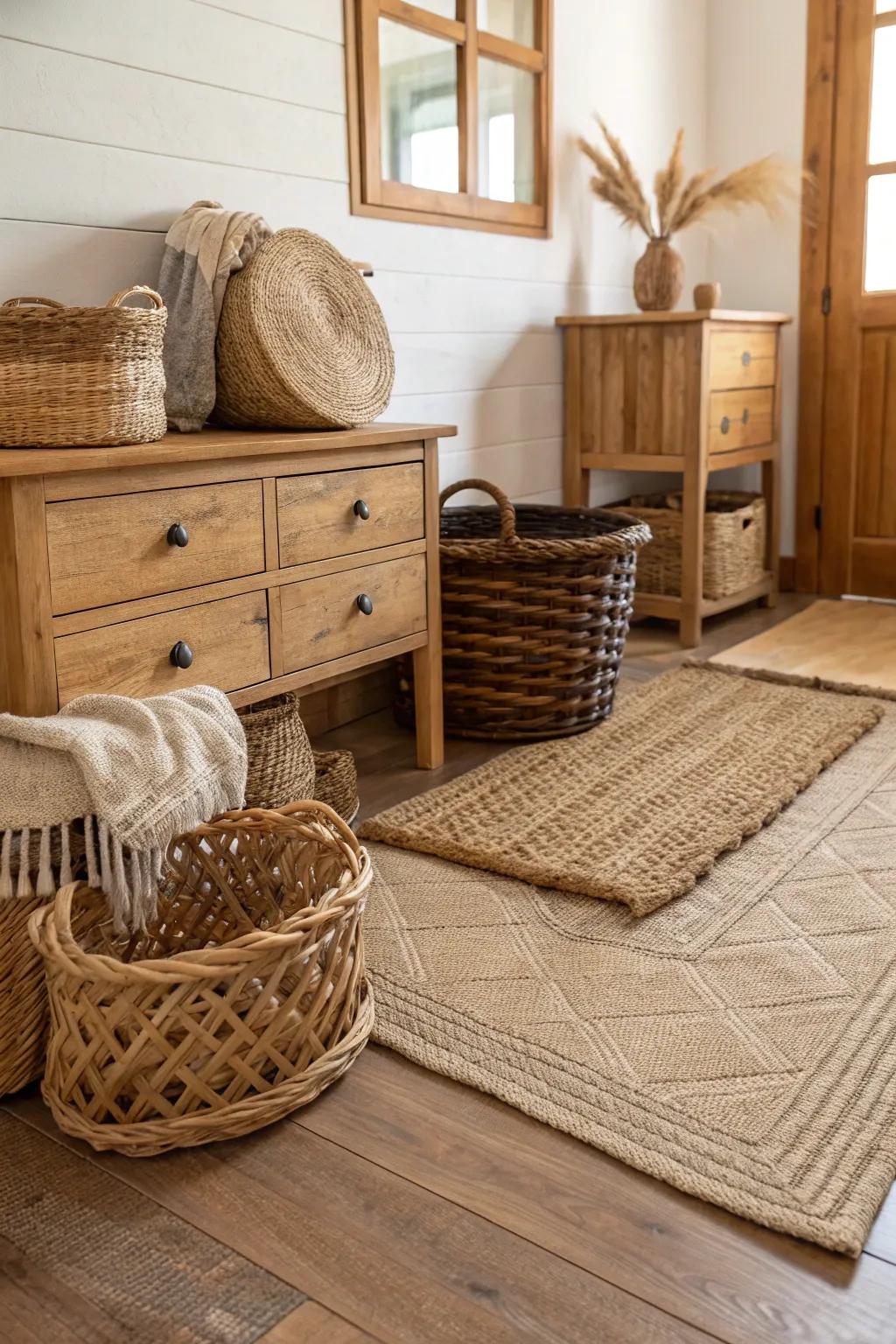 Organic materials contribute warmth and texture to seaside country interiors.