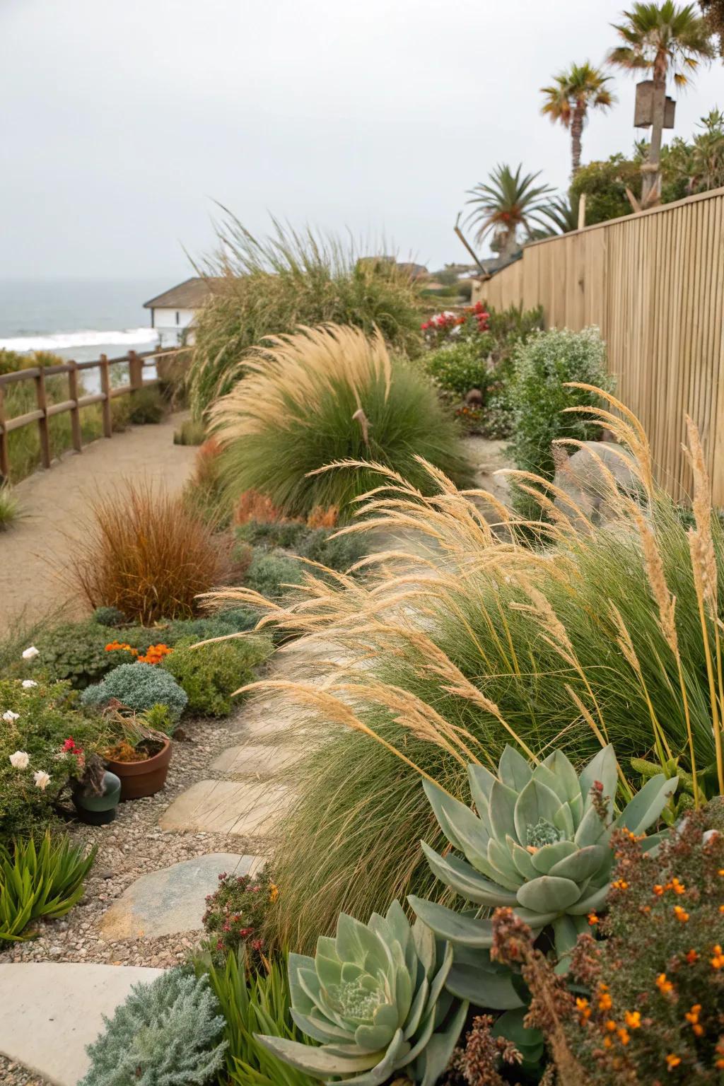 Showy grasses and thick-leaved plants transport the seaside to your garden.