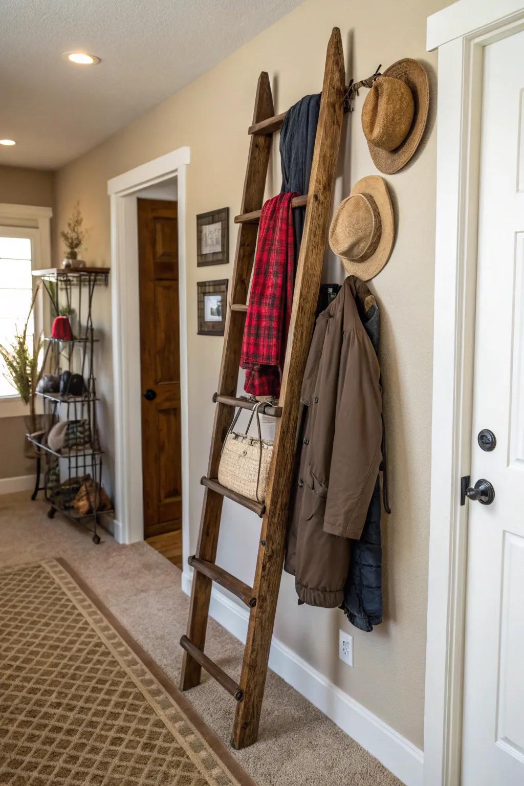 A reinvented wooden ladder functioning as an exceptional coat rack in a cozy hallway.