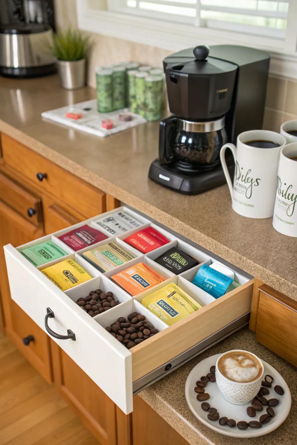 Including a tea area enhances the versatility of your coffee drawer.