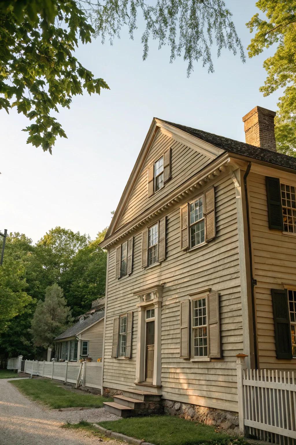 Colonial house adorned with classic wood clapboard siding.