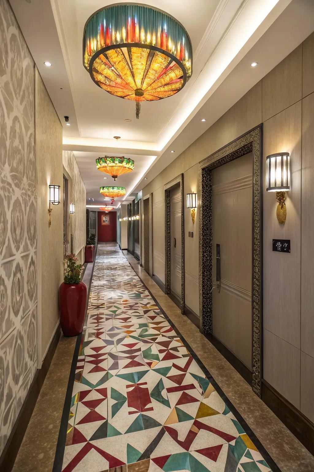 Geometric tiles or vibrant floor coverings have the ability to transform your corridor flooring.