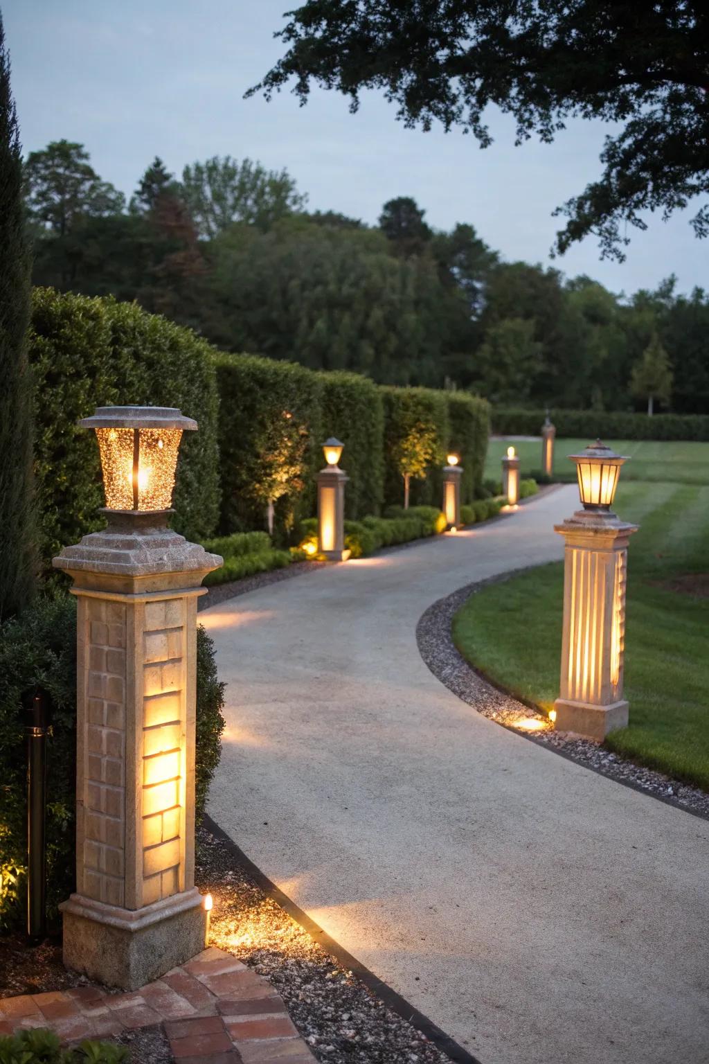 Fashion a grand entrance with warmly lit pillars.