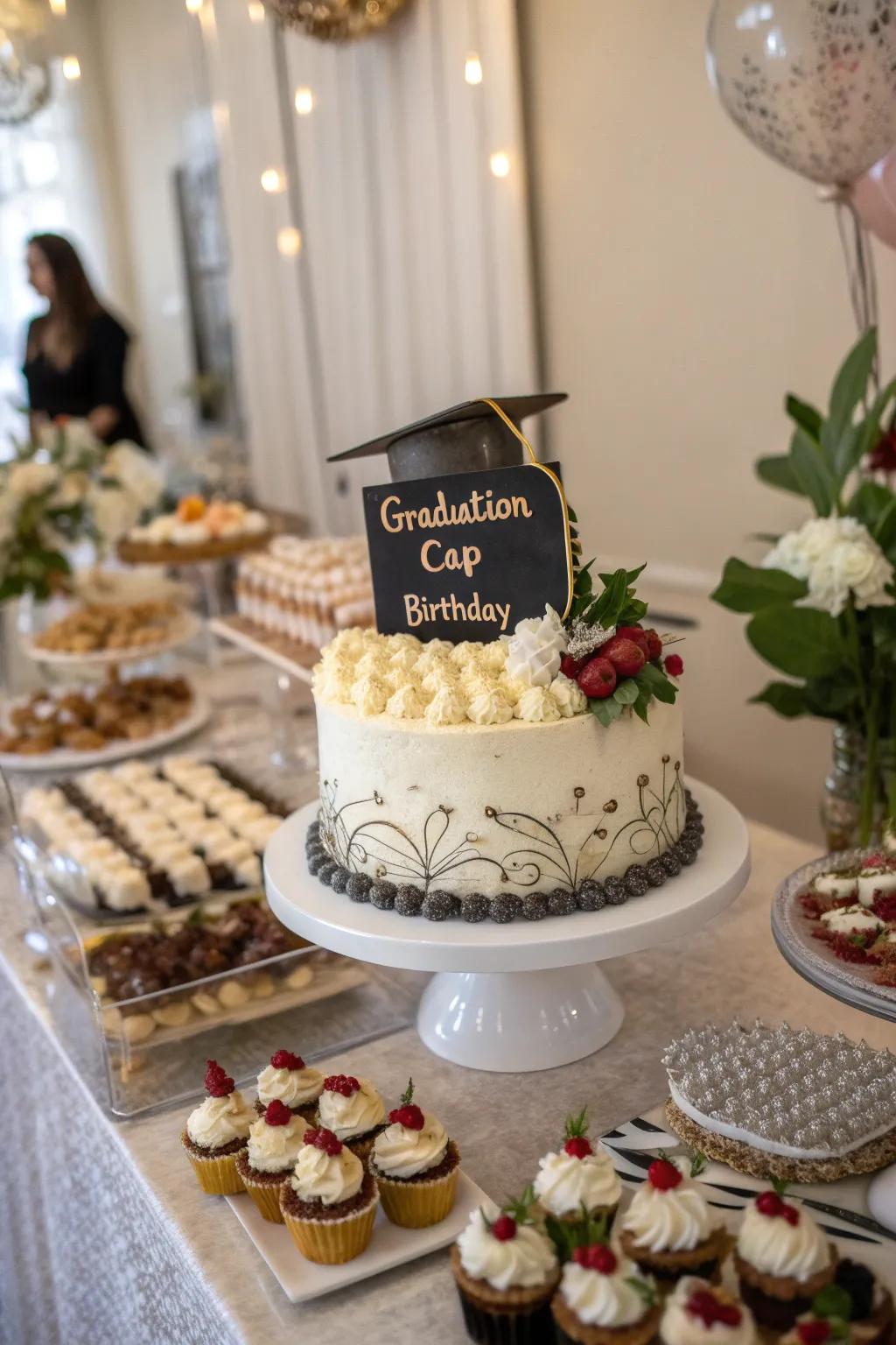 A superbly designed cake that commemorates both graduation and birthday.