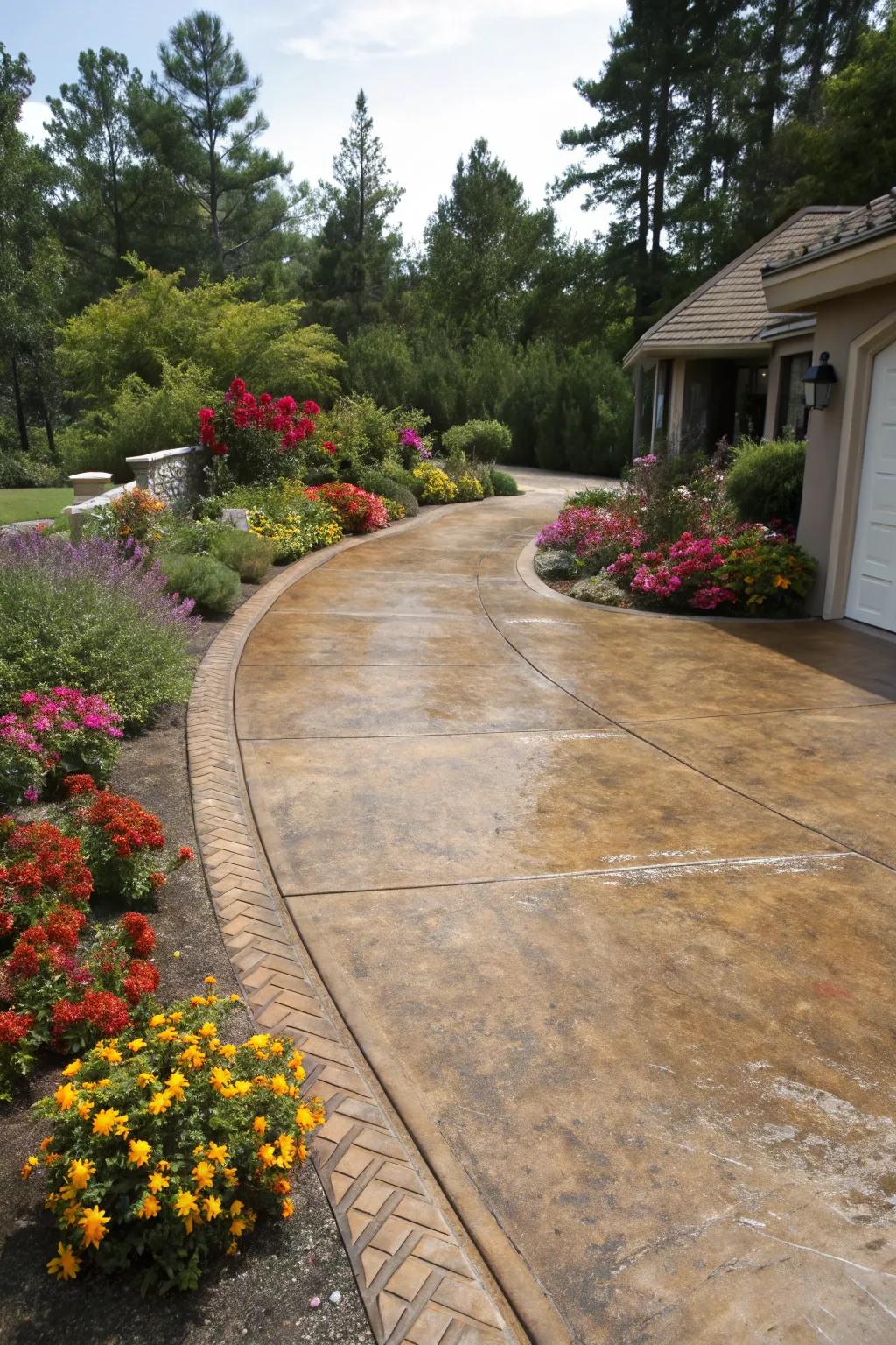 A tinted concrete driveway adding warmth and richness to the home's exterior.