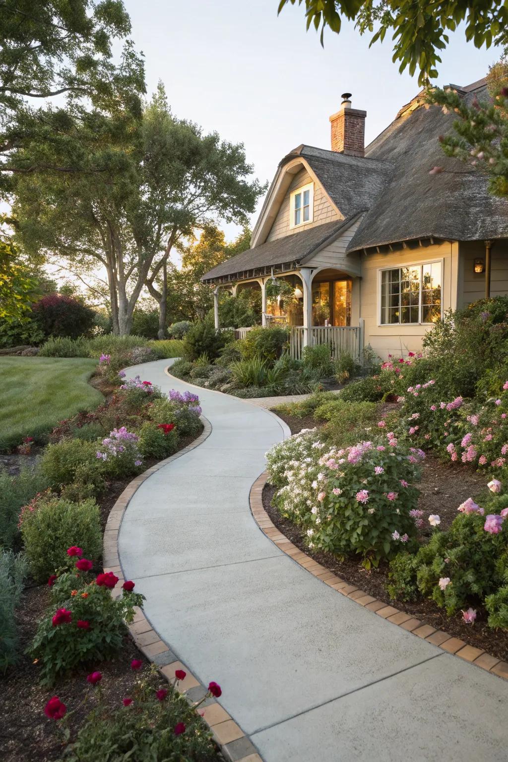 Curved walkways introduce a hint of nature to your entrance.